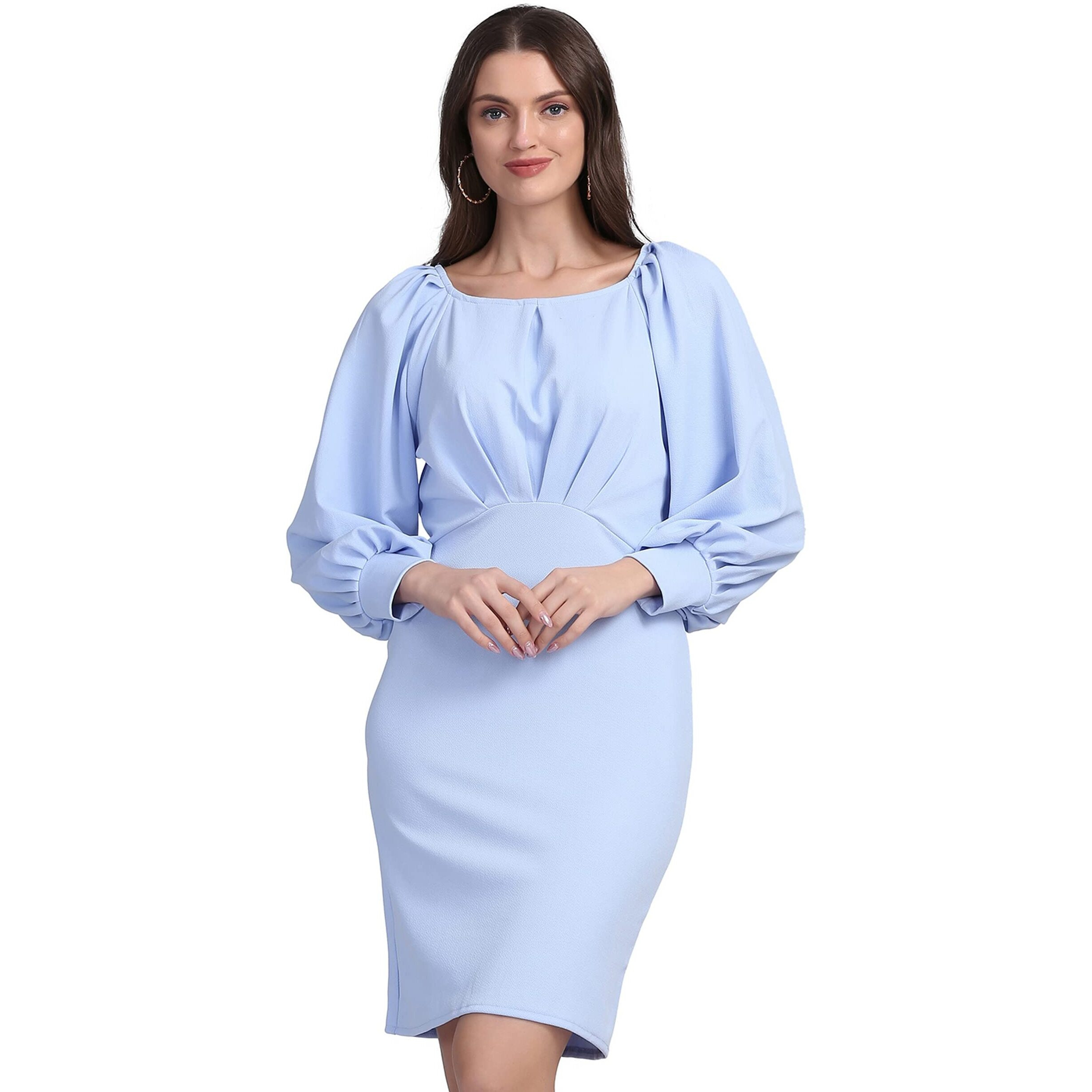 Shasmi Women's Comfortable Sky Blue Round Neck Full Sleeve Solid Midi Bodycon Casual Western Stylish Dress For Womens/Midi Dress For Girls (Shree Midi 15 Sky Blue L)
