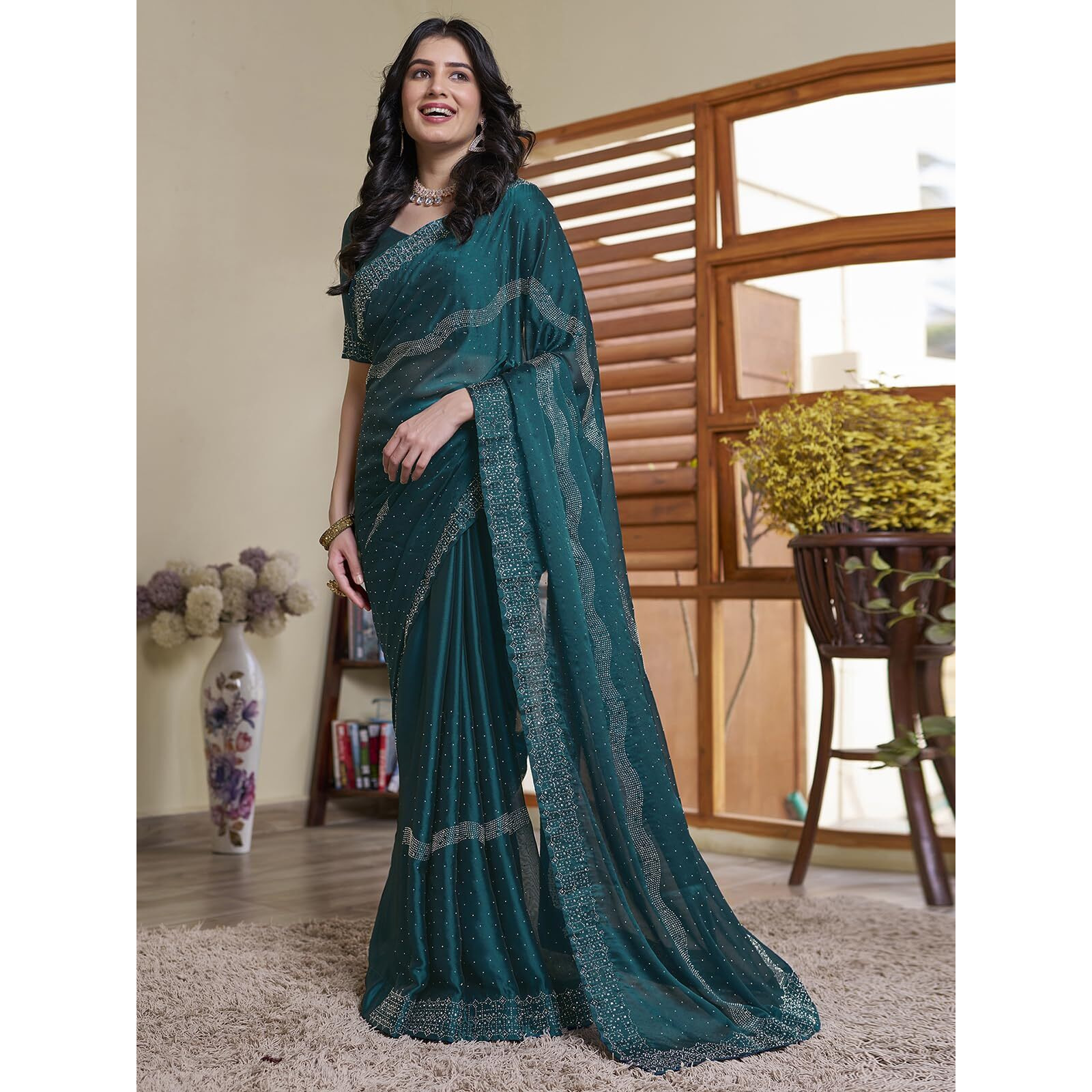 Satrani Women's Georgette Hot Fixing Saree With Unstitched Blouse Piece (3620S102N_Rama)