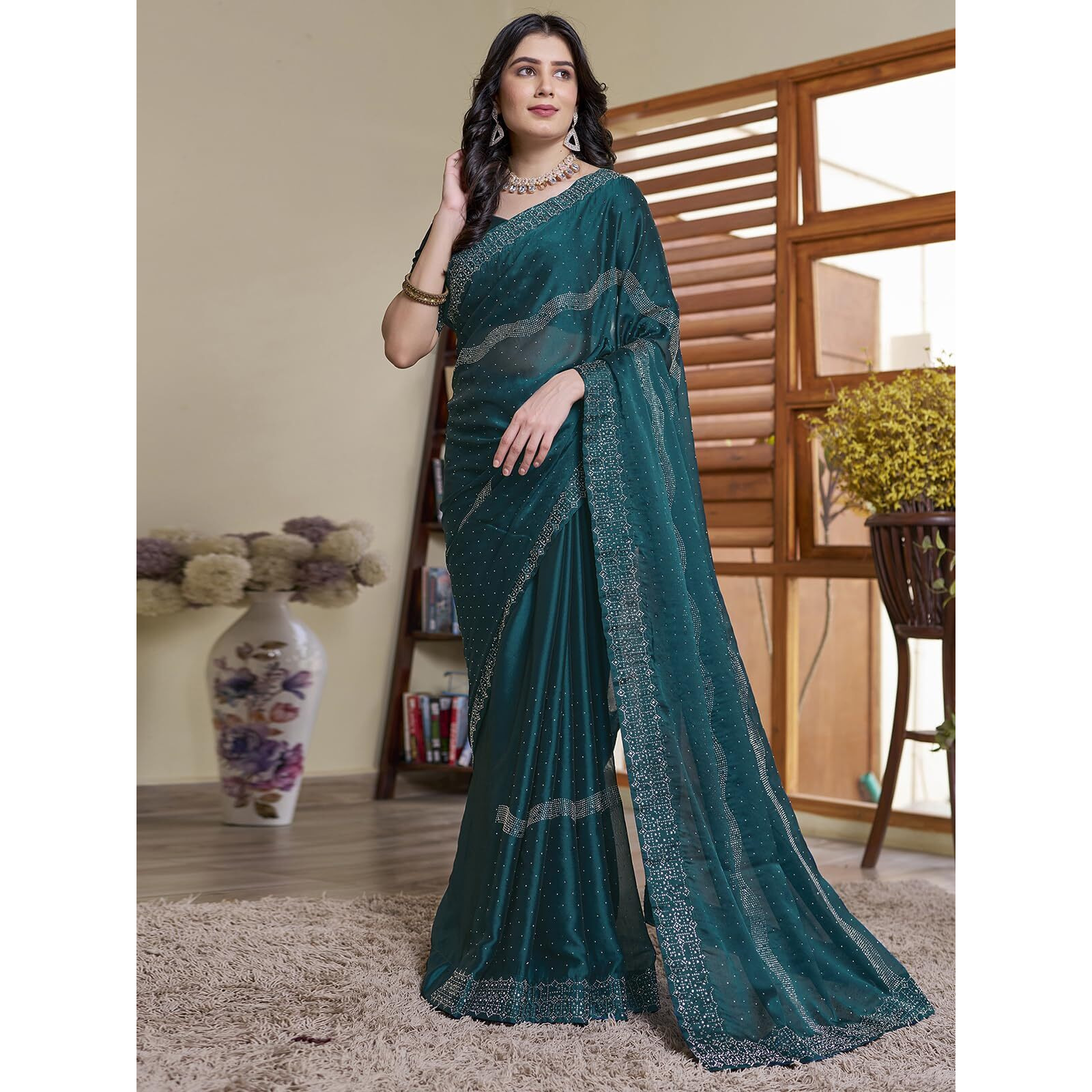 Satrani Women's Georgette Hot Fixing Saree With Unstitched Blouse Piece (3620S102N_Rama)