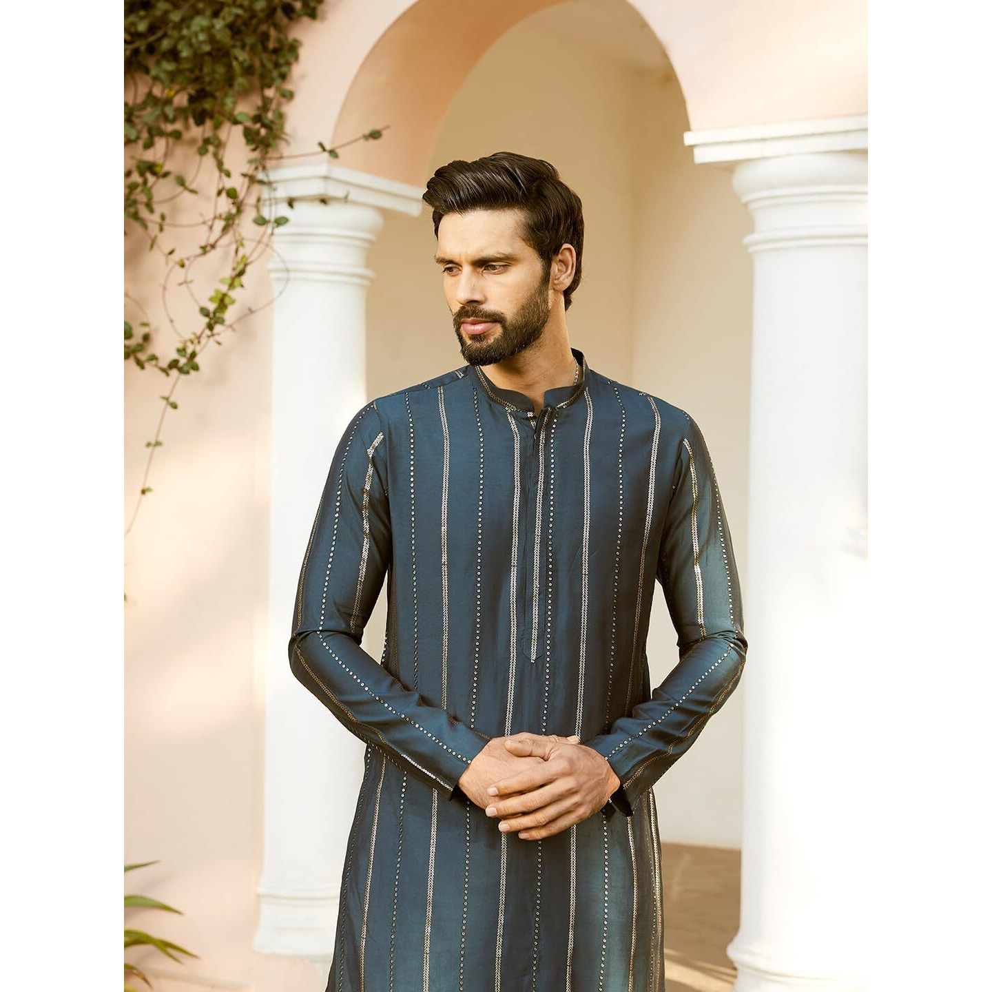 See Designs Men Full Sleeve Teal And Gold Chanderi Silk Sequins Mandarin Collar Side Slit Kurta - Sd2Kt_2428S