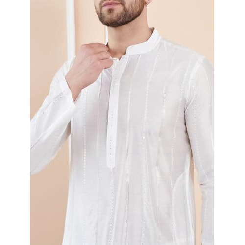 See Designs Men Full Sleeve Sleeve Side Slit Mandarin Collar Off White Sequins Embroidered Chanderi Silk Straight Kurta With Pyjama - Sdkt247301Xxl