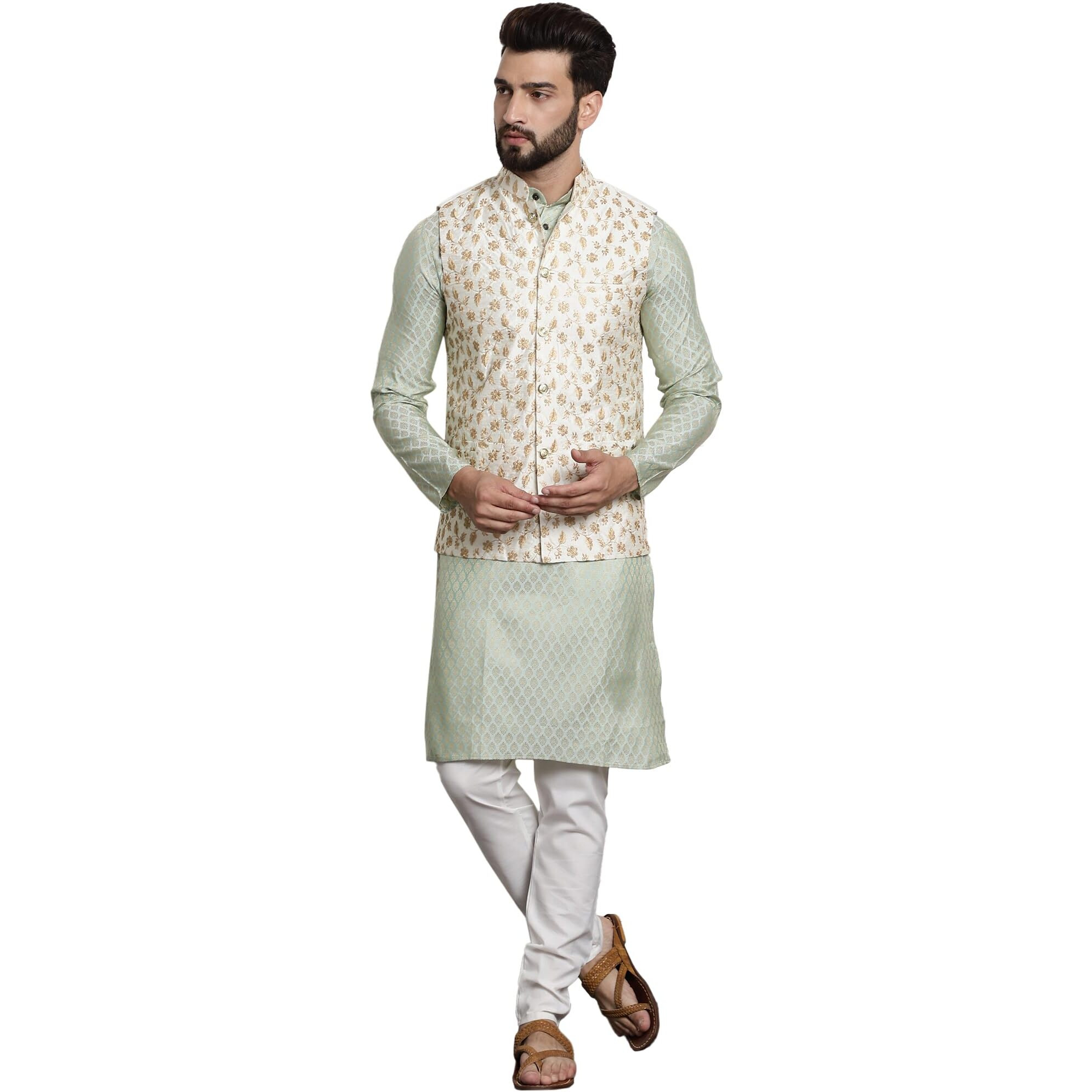 Sojanya (Since 1958 Timeless Elegance-Pista Green Kurta & Cream Nehru Jacket For The Festive Season