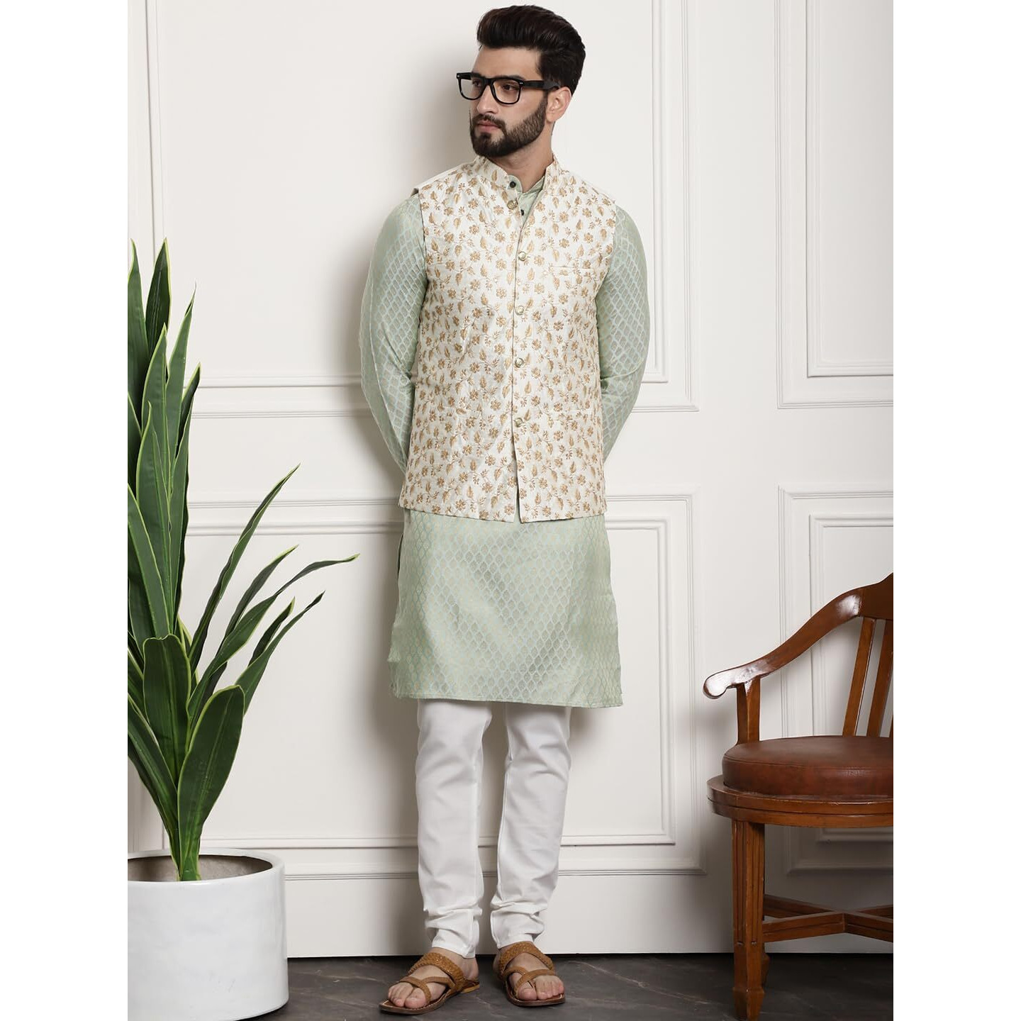 Sojanya (Since 1958 Timeless Elegance-Pista Green Kurta & Cream Nehru Jacket For The Festive Season