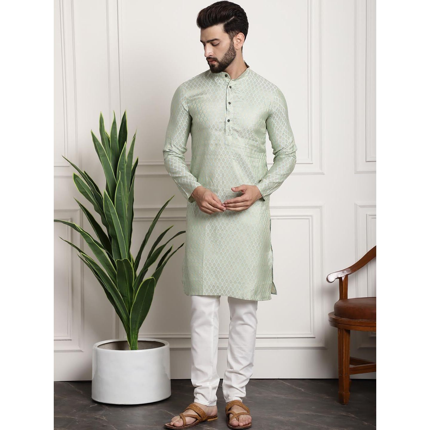 Sojanya (Since 1958 Timeless Elegance-Pista Green Kurta & Cream Nehru Jacket For The Festive Season