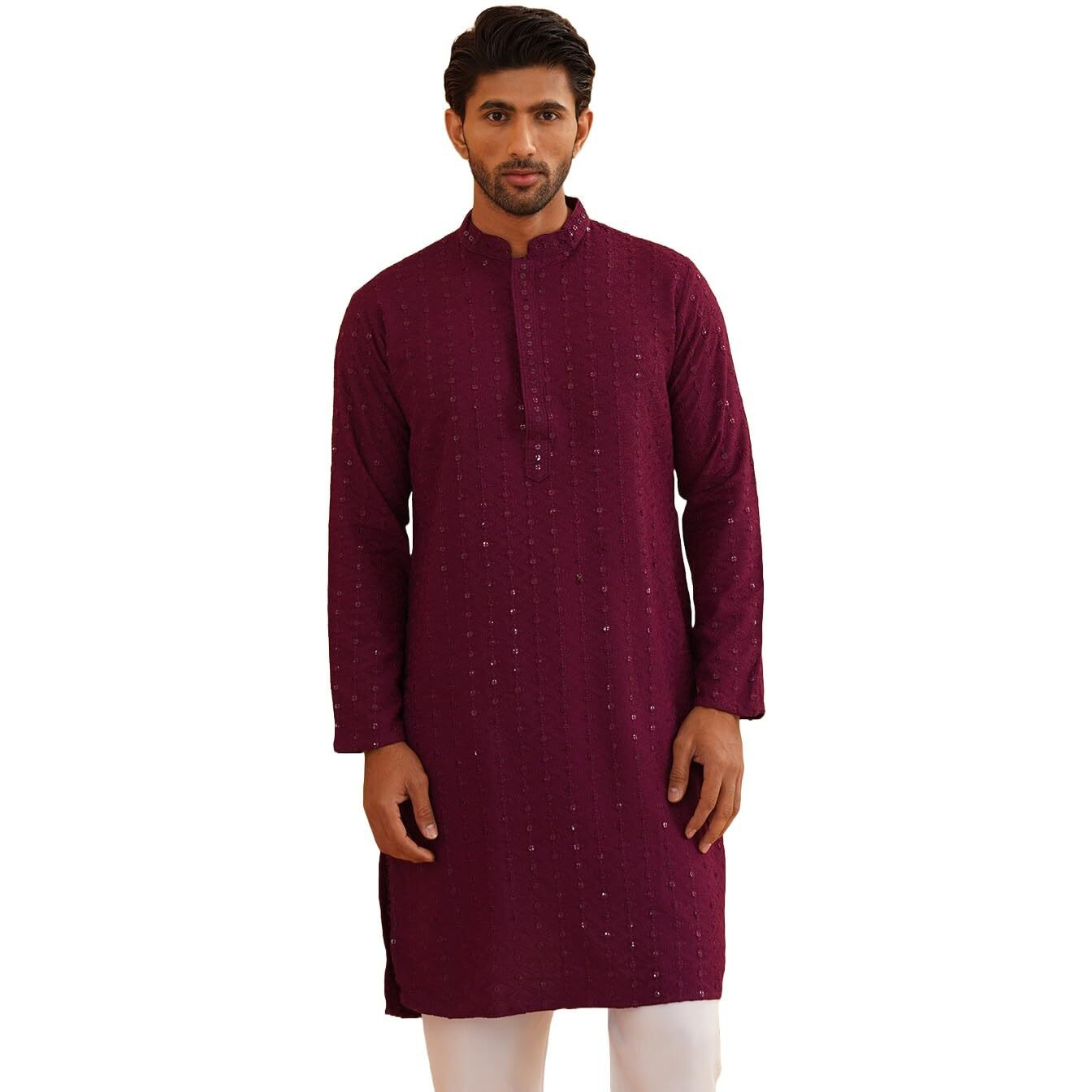 Sojanya (Since 1958 Men's Ethnic Motifs Embroidered Sequinned Purple Cotton Long Kurta