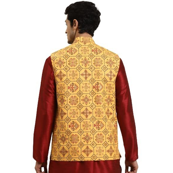 Sojana (Since 1958) Men's Cotton Linen Yellow & Multi Printed Only Nehru Jacket