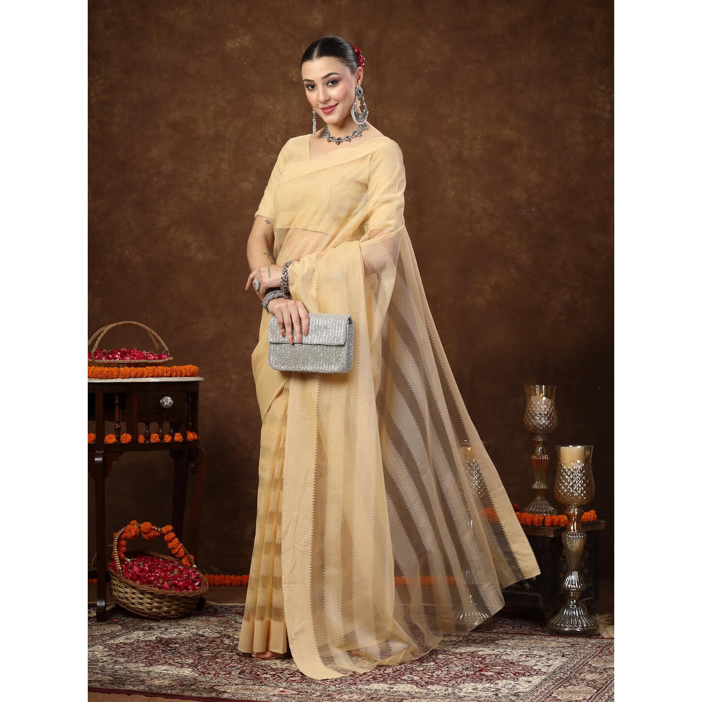 Stylum Women's Ethnic Striped Embroidered Net Saree (Srgoldrobin_Gold)