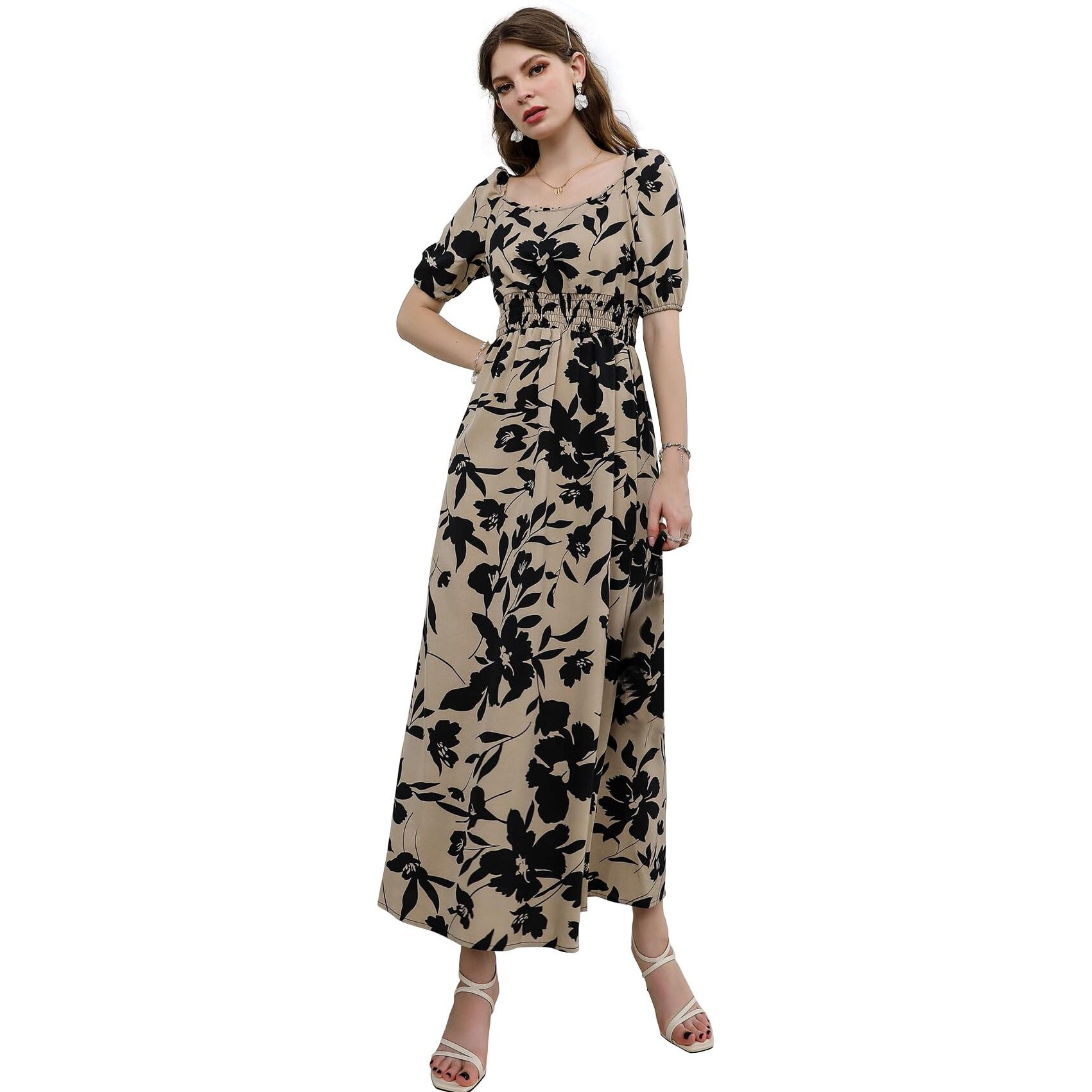 Sugathari Creap Beige & Black Boat Neck Maxi Western Dresses For Women (Dress2 86 Chikku L)