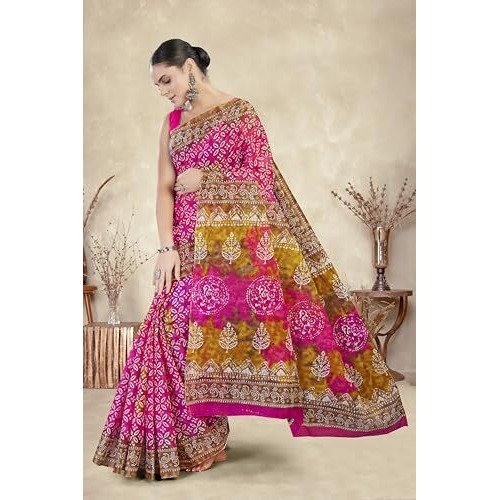 Tamaira Fashion Women's Batik Printed Pure Cotton Mulmul Saree Without Blouse Piece(Ab37_Pink)