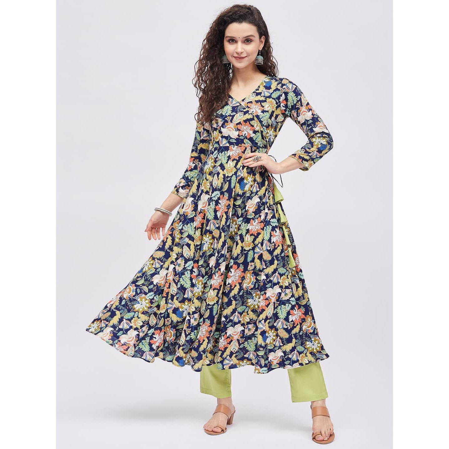 Tissu Women's Rayon Blue & Green Floral Printed Angrakha Kurta 2213_Multi_M