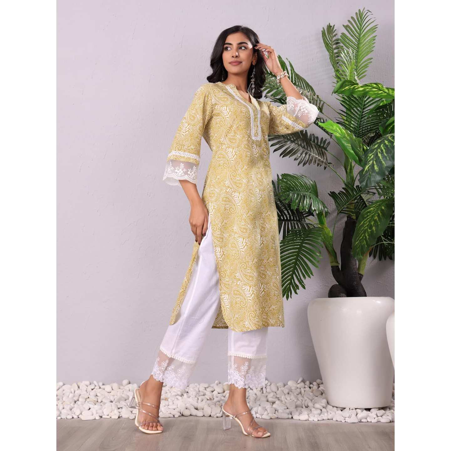 Varanga Women Paisley Printed Kurta With Lace Detailing And Flared Sleeves  A Stylish And Comfortable Outfit Green