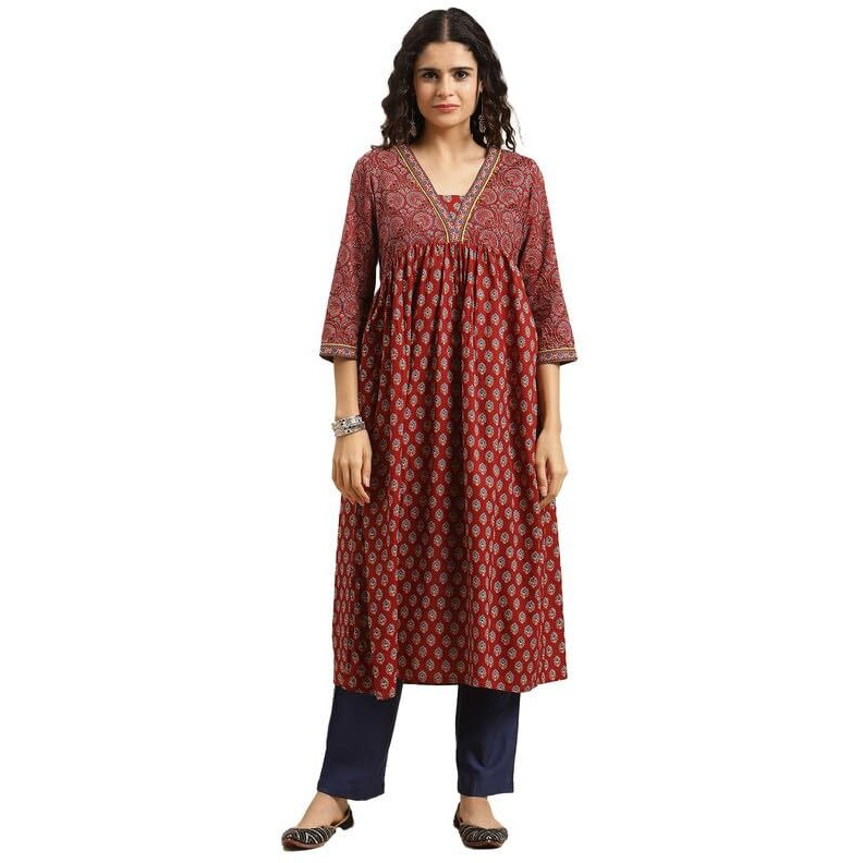 Varanga Women Maroon & Blue Bandez Printed Anarkali Kurta Comfortable Look (Large)
