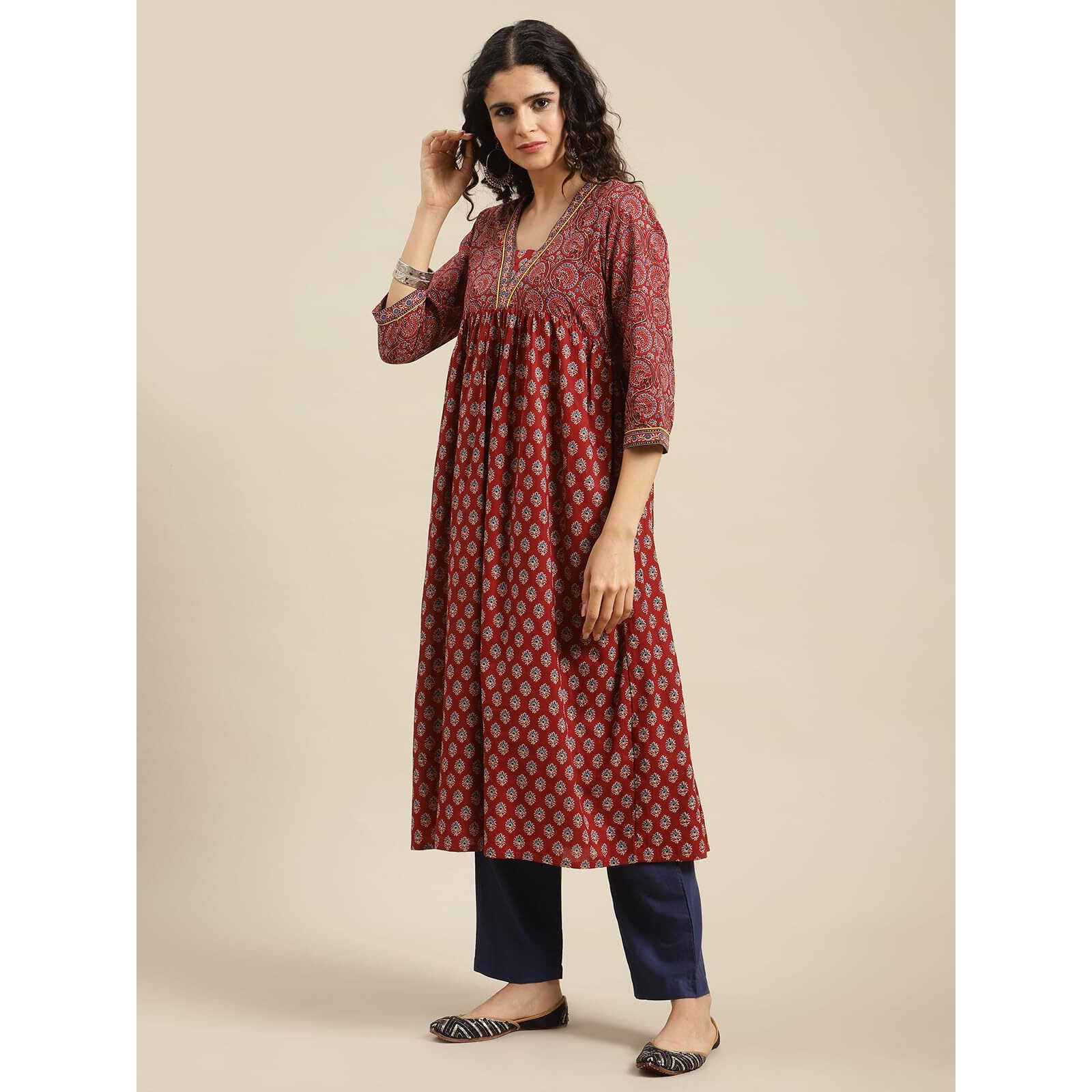 Varanga Women Maroon & Blue Bandez Printed Anarkali Kurta Comfortable Look (Large)