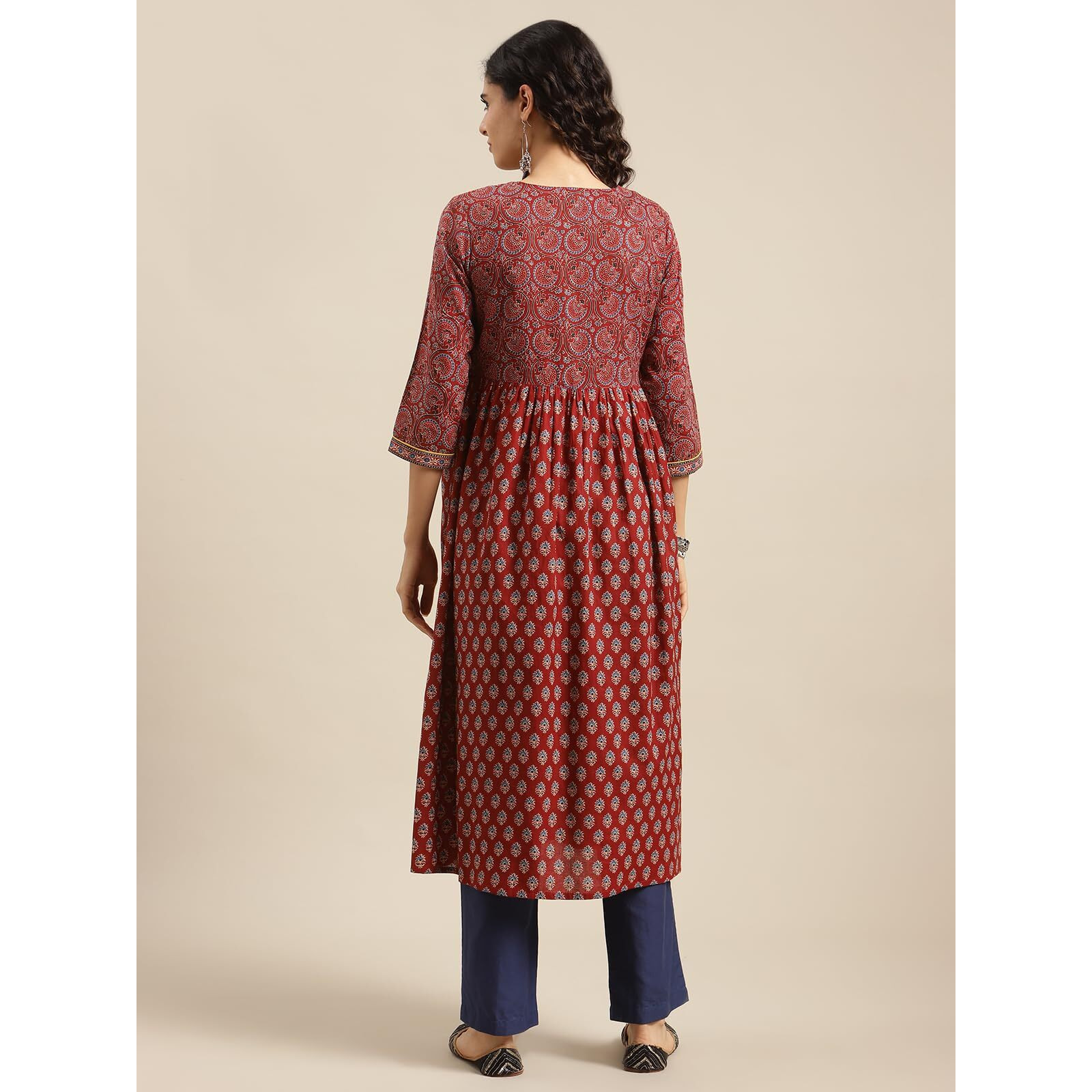 Varanga Women Maroon & Blue Bandez Printed Anarkali Kurta Comfortable Look (Large)