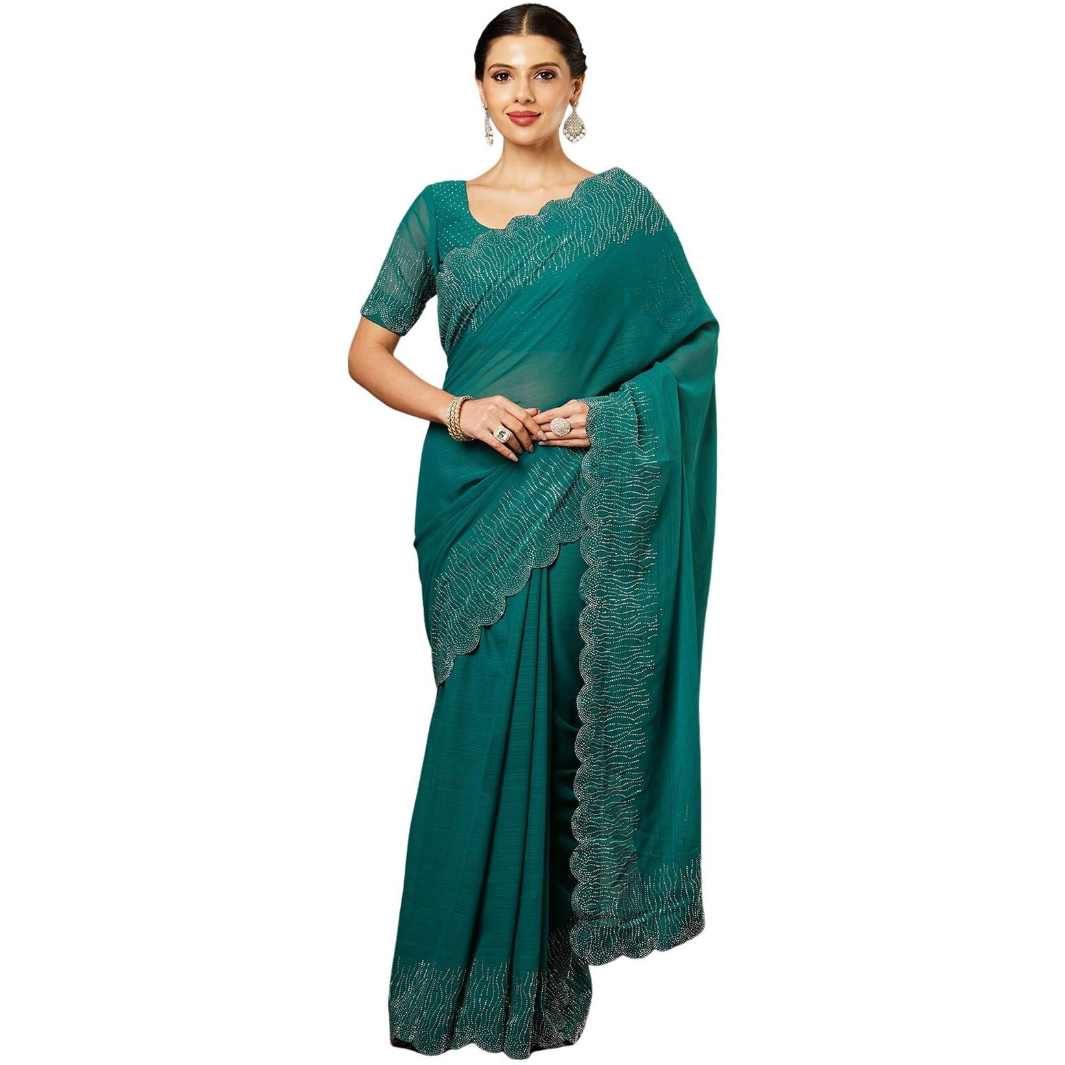 Satrani Women's Georgette Stone Work Scalloped Border Saree With Unstitched Blouse Piece (3902S461N_Rama Green)