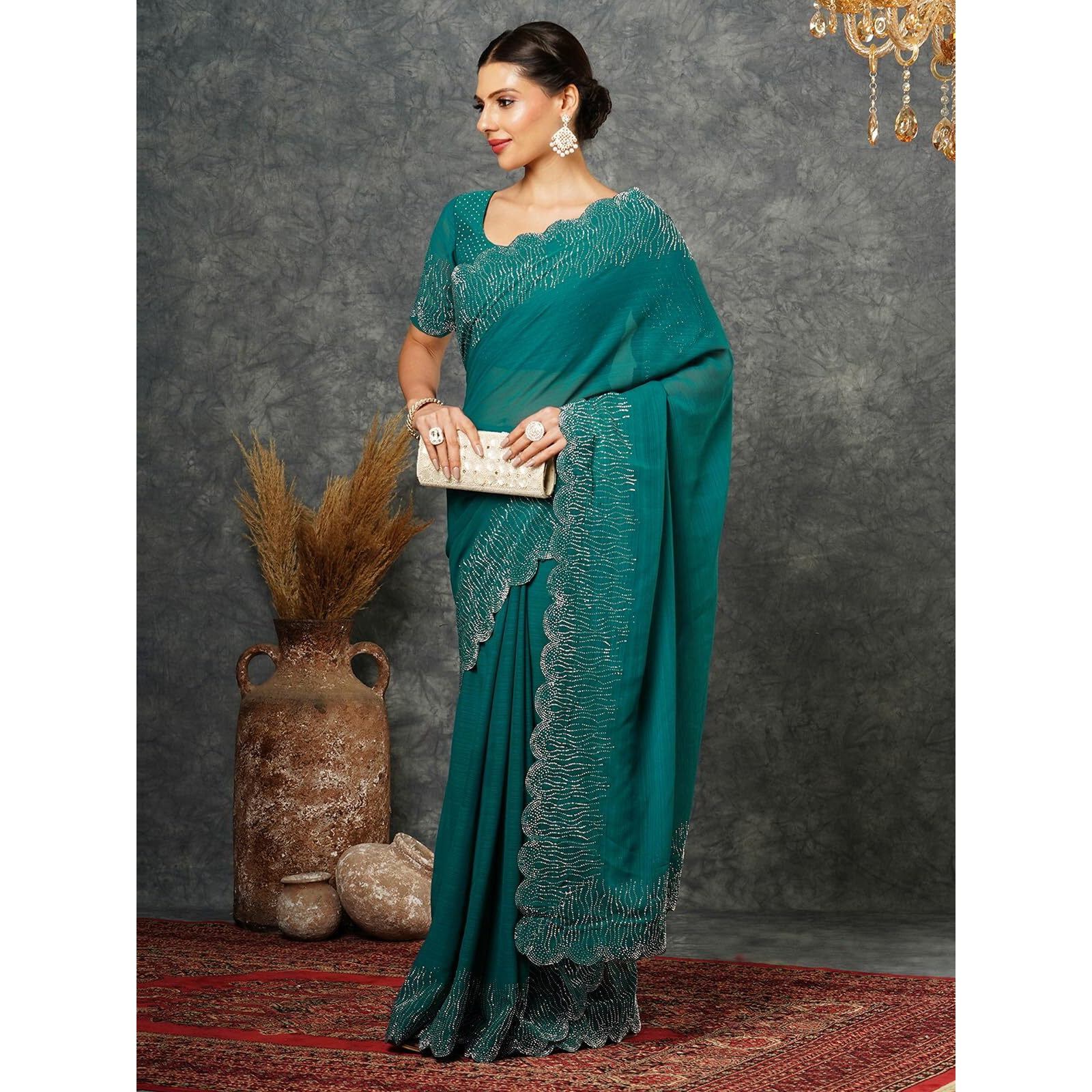 Satrani Women's Georgette Stone Work Scalloped Border Saree With Unstitched Blouse Piece (3902S461N_Rama Green)