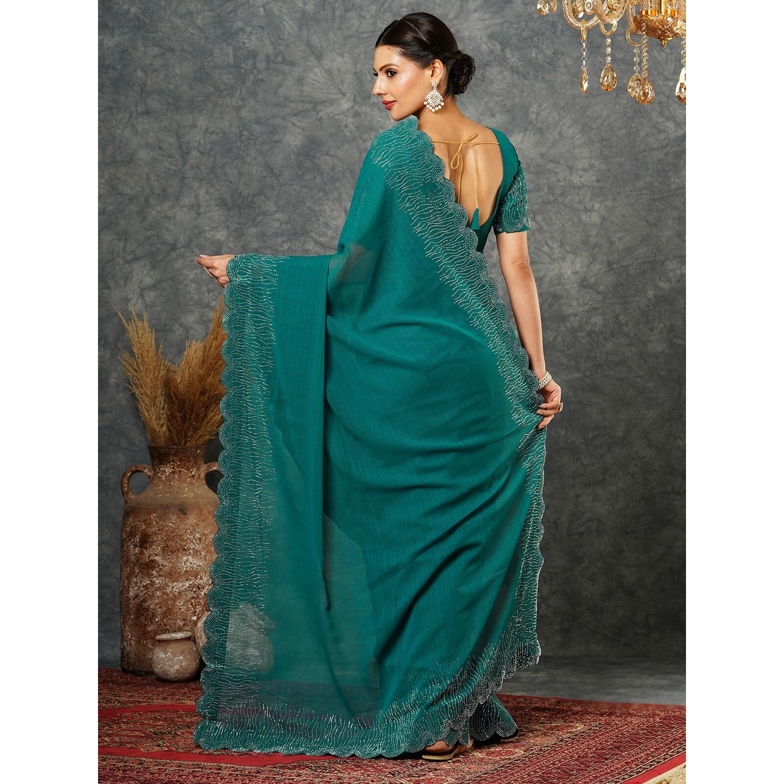 Satrani Women's Georgette Stone Work Scalloped Border Saree With Unstitched Blouse Piece (3902S461N_Rama Green)