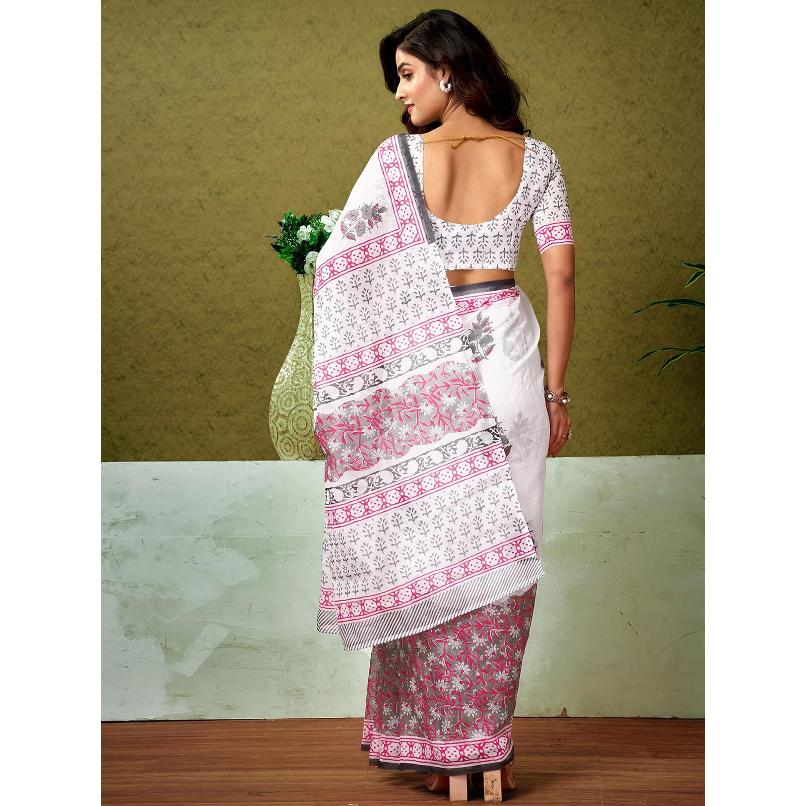 Satrani Women's Chanderi Cotton Printed Ready To Wear One Minute Pre Pleated Readymade Saree With Unstitched Blouse Piece (32Rs299N_White2)