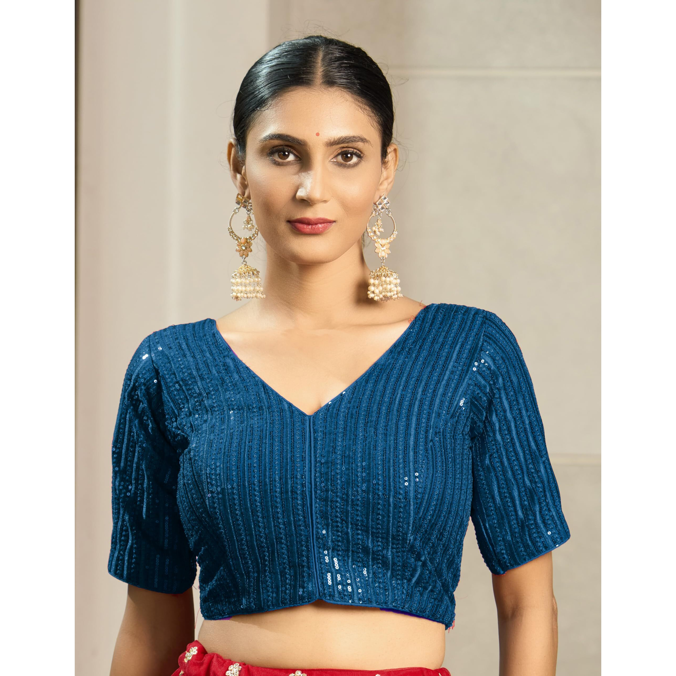 Vihu Fashion Women's Indian Ethnic Wear Designer Silver Sequence With Matching Embroidered Work V Neck Half Sleeve Readymade Padded Saree Blouse Readymade Unique Morpeach Color Saree Blouse