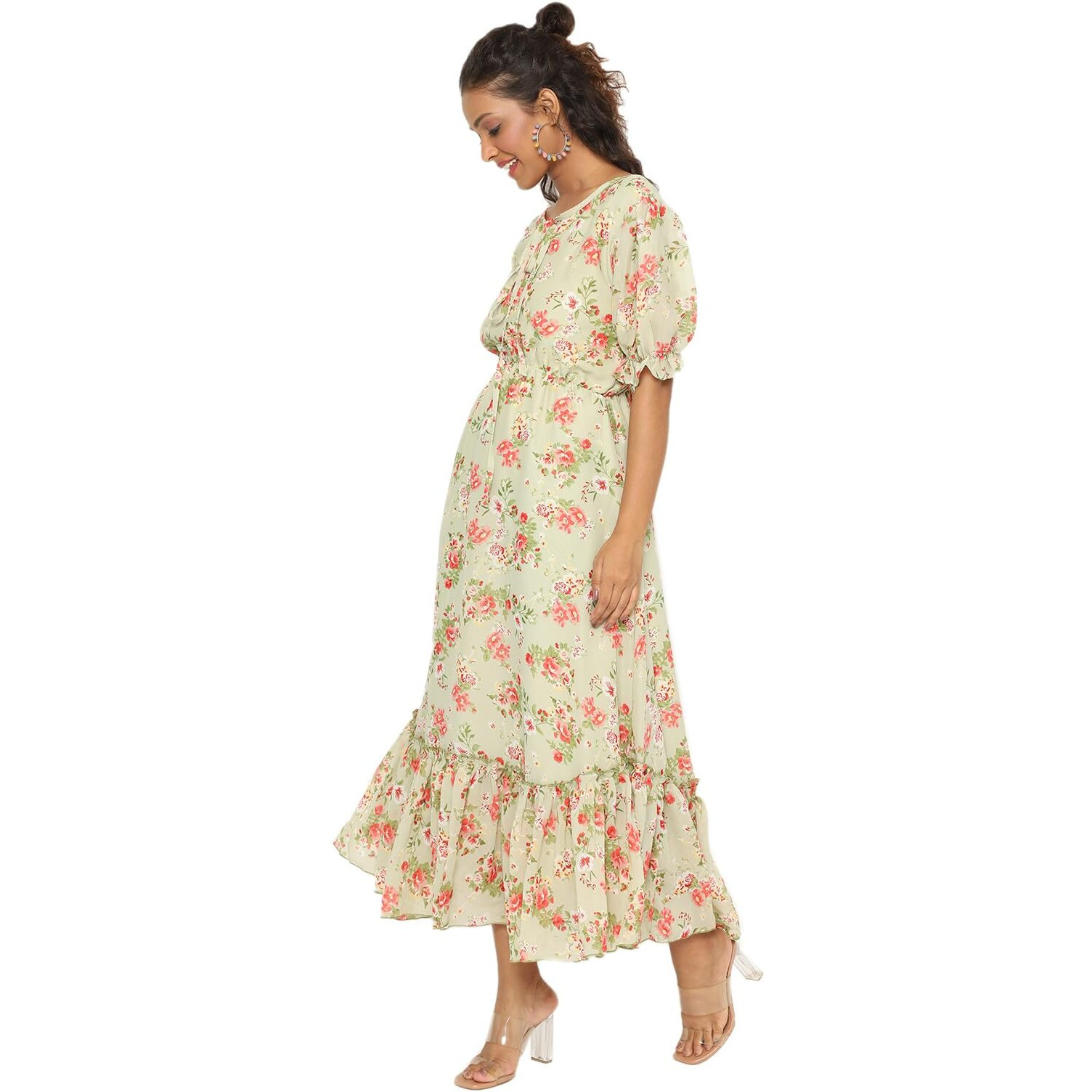 Avanova Georgette Pista Green Round Neck Maxi Western Dresses For Women (Dress 81 Pista M)