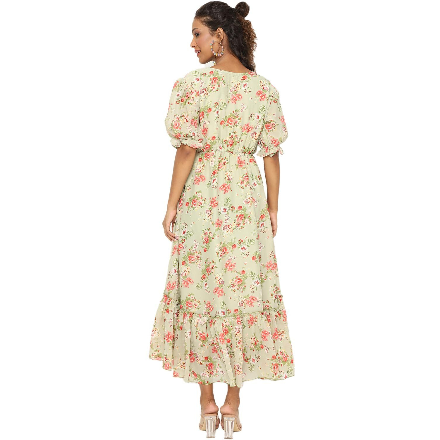 Avanova Georgette Pista Green Round Neck Maxi Western Dresses For Women (Dress 81 Pista M)