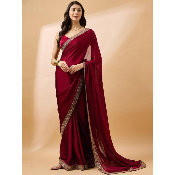 Cb-Colebrook Women's Soft Satin Saree With Embroidered Sequin Border With Blouse Piece, Traditional Indian Ethnic Wear, Party, Wedding Sarees For Womens (Maroon)