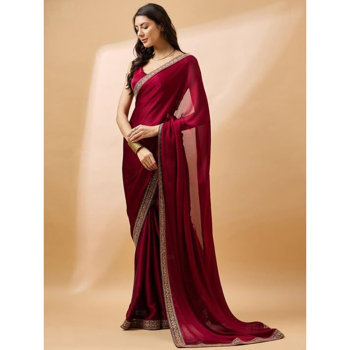 Cb-Colebrook Women's Soft Satin Saree With Embroidered Sequin Border With Blouse Piece, Traditional Indian Ethnic Wear, Party, Wedding Sarees For Womens (Maroon)