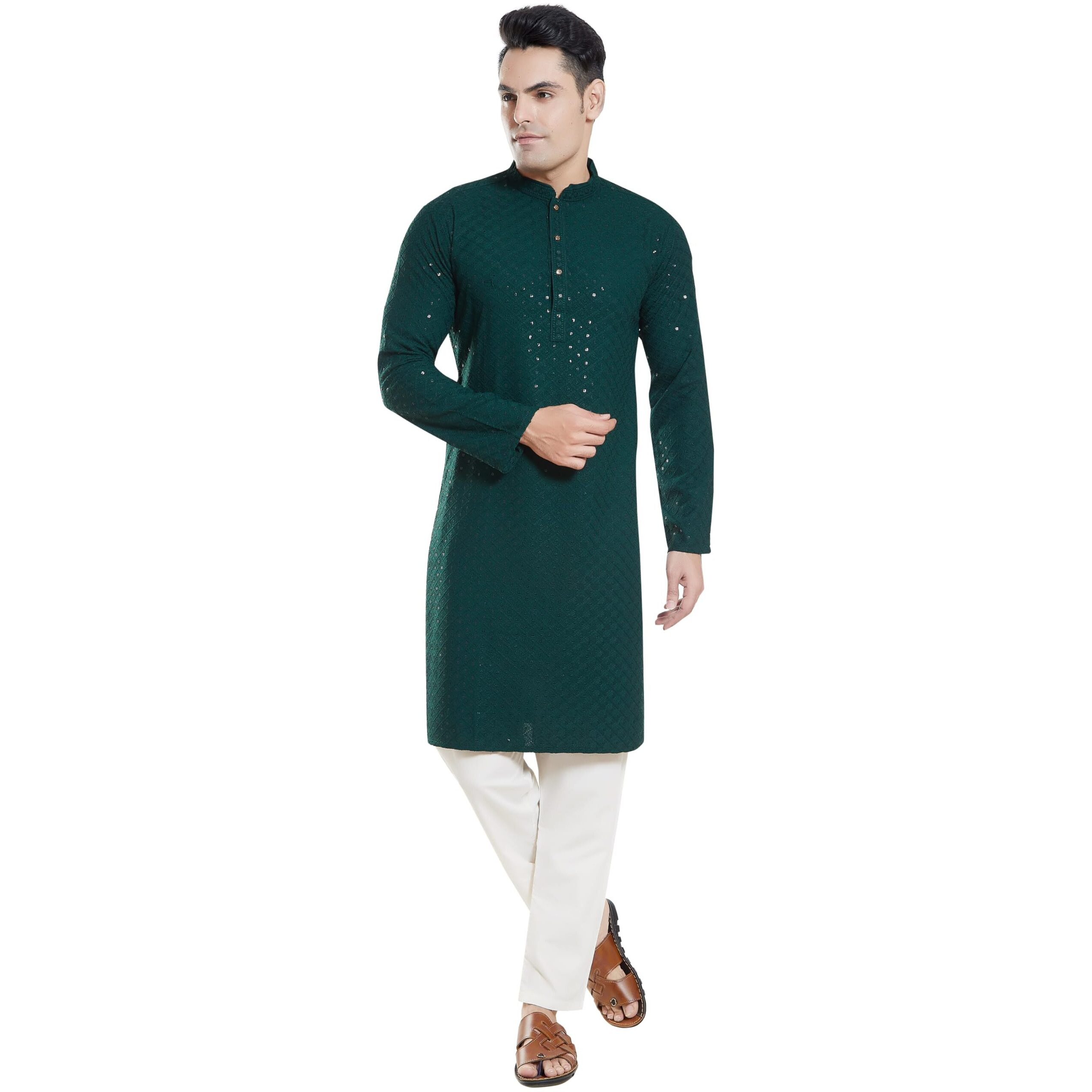 Divisive Men's Sequince Embroidered Cotton Blend Only Slim Fit Kurta (Dkrt136_Xxl_Bottle Green)