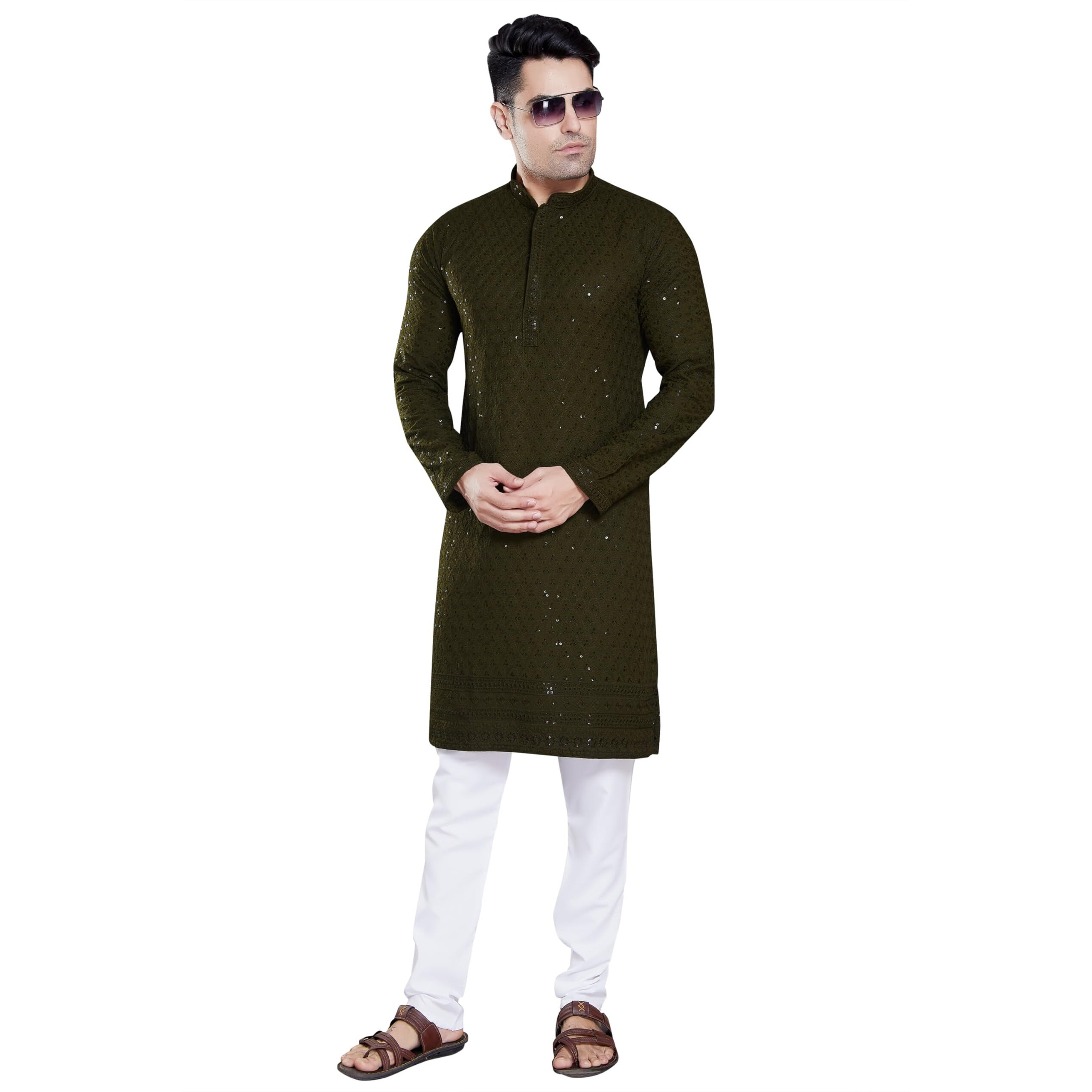 Divisive Men's Sequince Embroidered Cotton Blend Slim Fit Kurta Pyjama Set (Dkrt150_M_Mehendi Green)