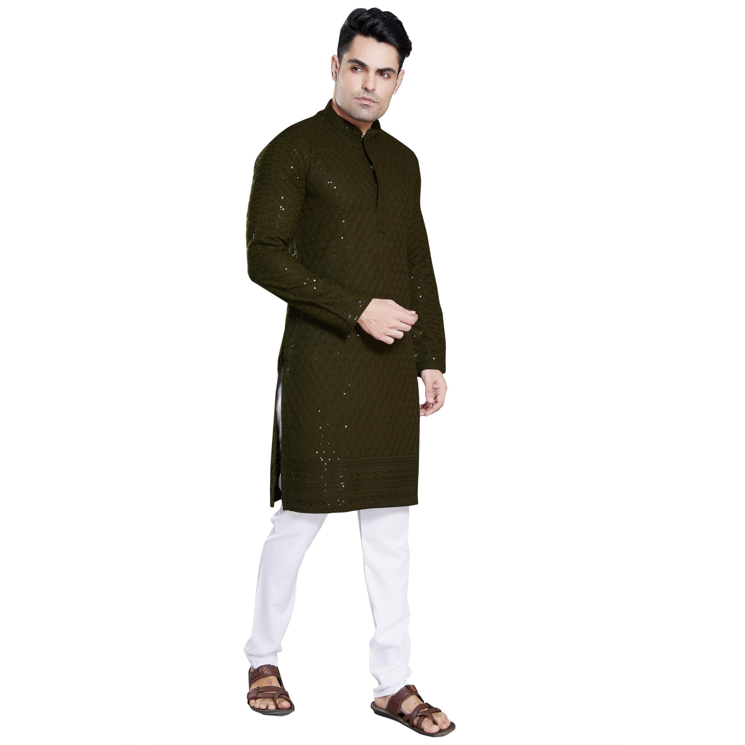Divisive Men's Sequince Embroidered Cotton Blend Slim Fit Kurta Pyjama Set (Dkrt150_M_Mehendi Green)