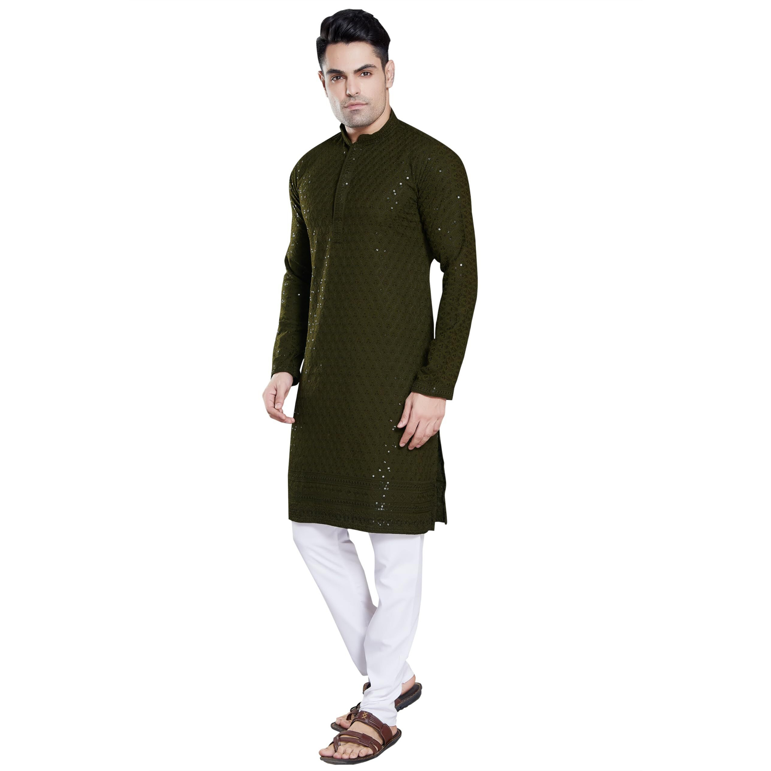 Divisive Men's Sequince Embroidered Cotton Blend Slim Fit Kurta Pyjama Set (Dkrt150_M_Mehendi Green)