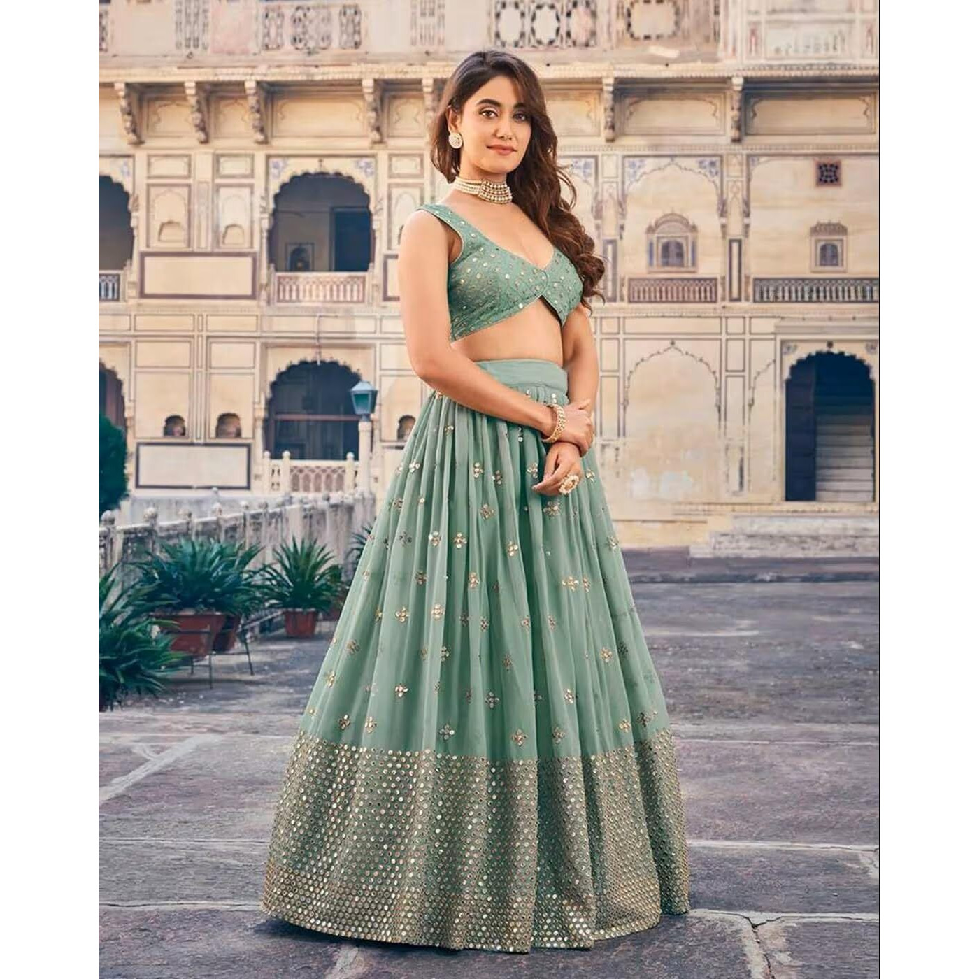 Fashion Basket Georgette Stiched Lehenga Set For Women (Turquoise)