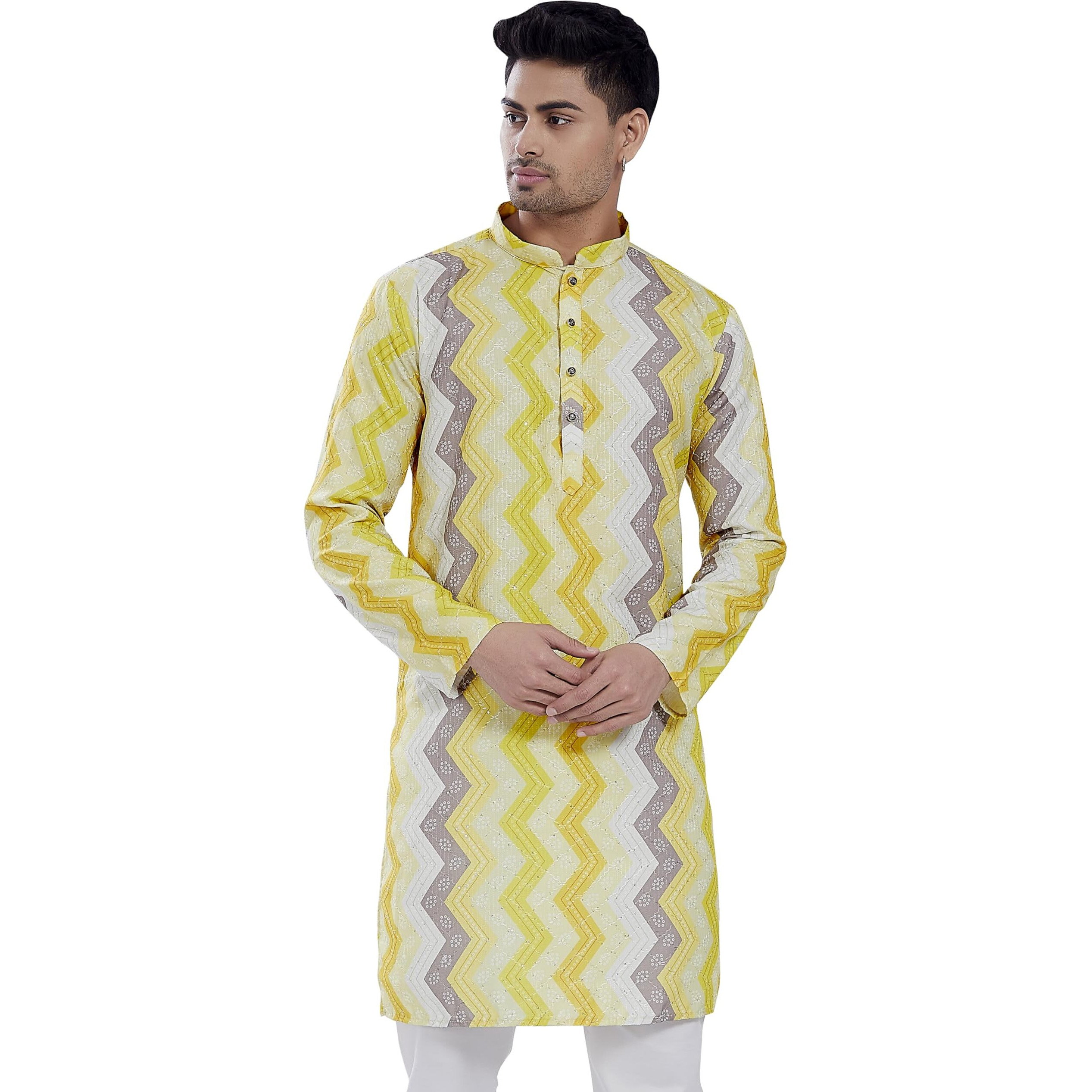 Divisive Men's Sequince Embroidered Printed Cotton Blend Only Slim Fit Kurta (Dkrt687_L_Lemon)