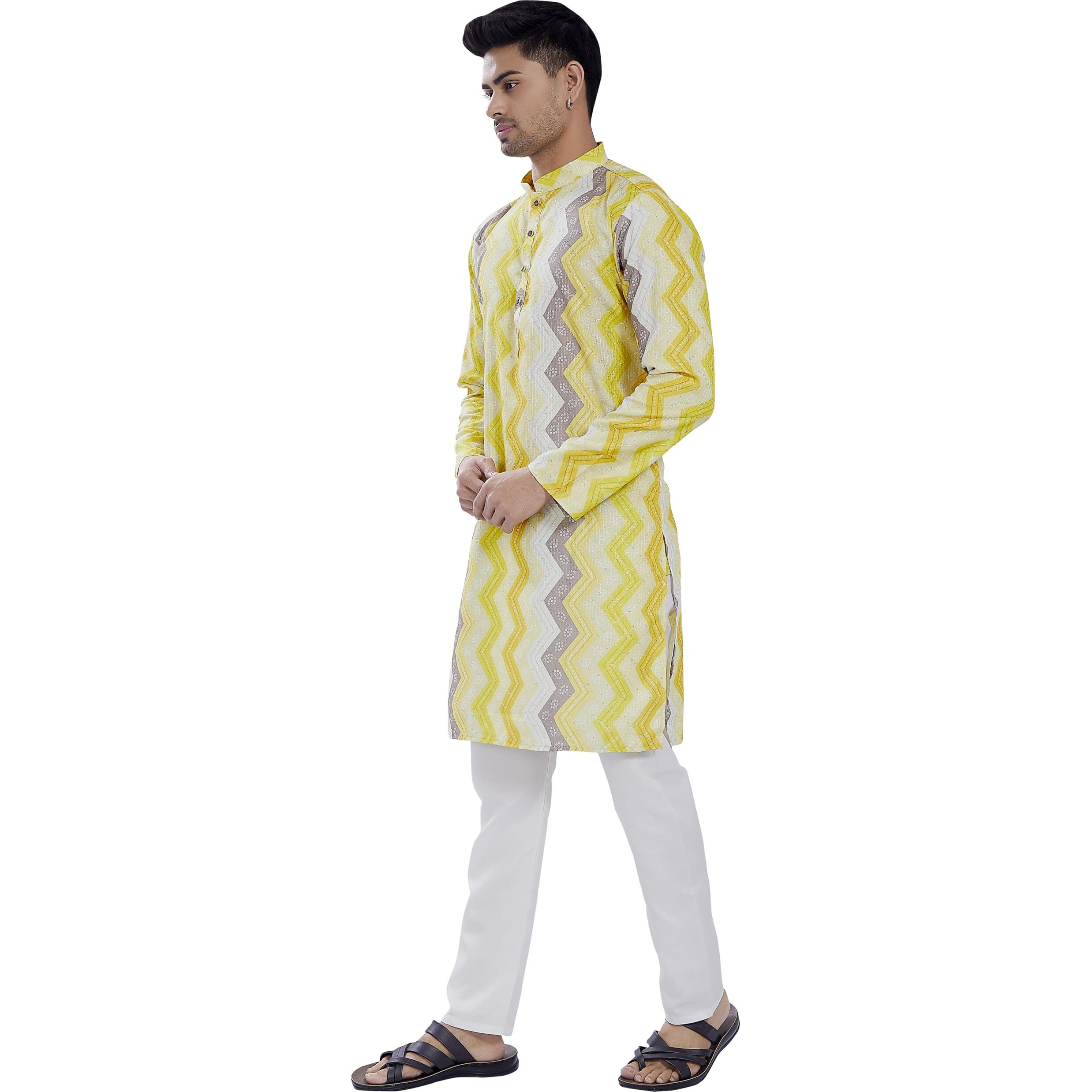Divisive Men's Sequince Embroidered Printed Cotton Blend Only Slim Fit Kurta (Dkrt687_L_Lemon)