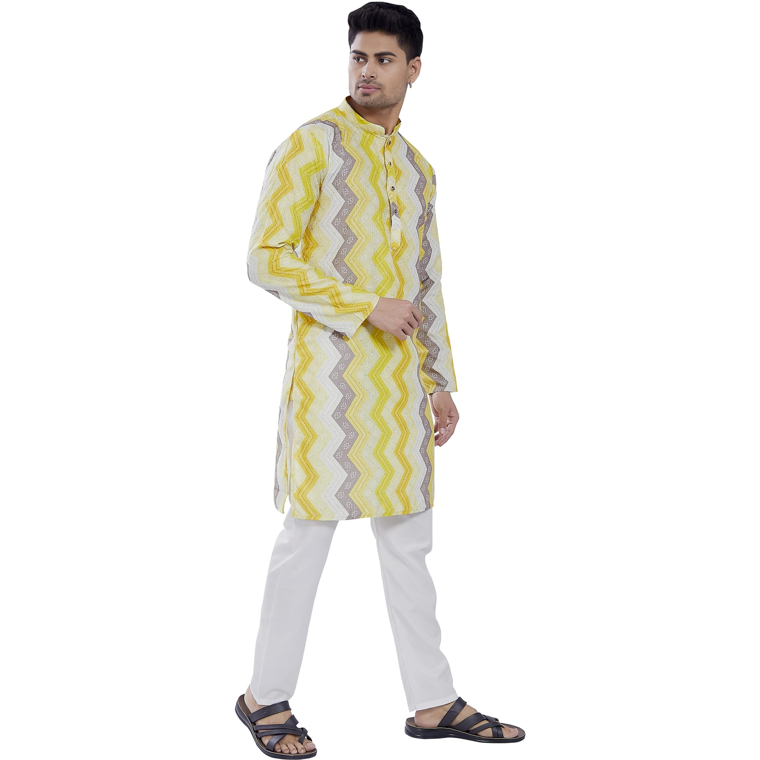 Divisive Men's Sequince Embroidered Printed Cotton Blend Only Slim Fit Kurta (Dkrt687_L_Lemon)