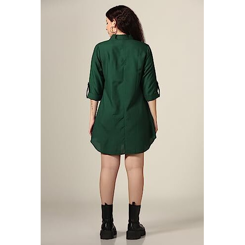 Greciilooks Western Dress For Women| Shirt Collar Solid A-Line Dress| Plus Roll Tab Sleeve Shirt Dress| Women's Comfort Summer Dress| Dress Perfect For Outing (Xxx-Large, Dark Green)