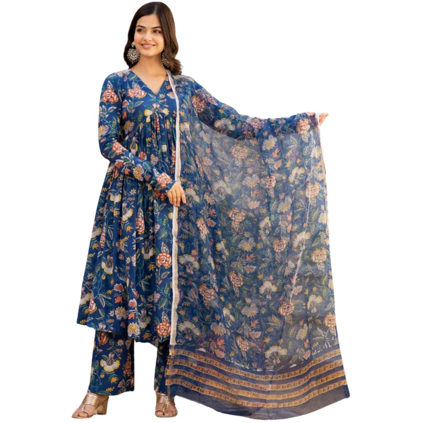 Greciilooks Rayon Floral With Dupatta Kurti Festive Set For Women | Regular Fit Kurta (Gl-K2747&P169&D106_Blue_Small)