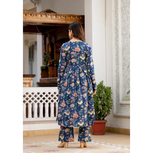 Greciilooks Rayon Floral With Dupatta Kurti Festive Set For Women | Regular Fit Kurta (Gl-K2747&P169&D106_Blue_Small)