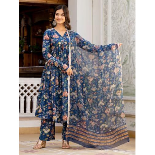 Greciilooks Rayon Floral With Dupatta Kurti Festive Set For Women | Regular Fit Kurta (Gl-K2747&P169&D106_Blue_Small)