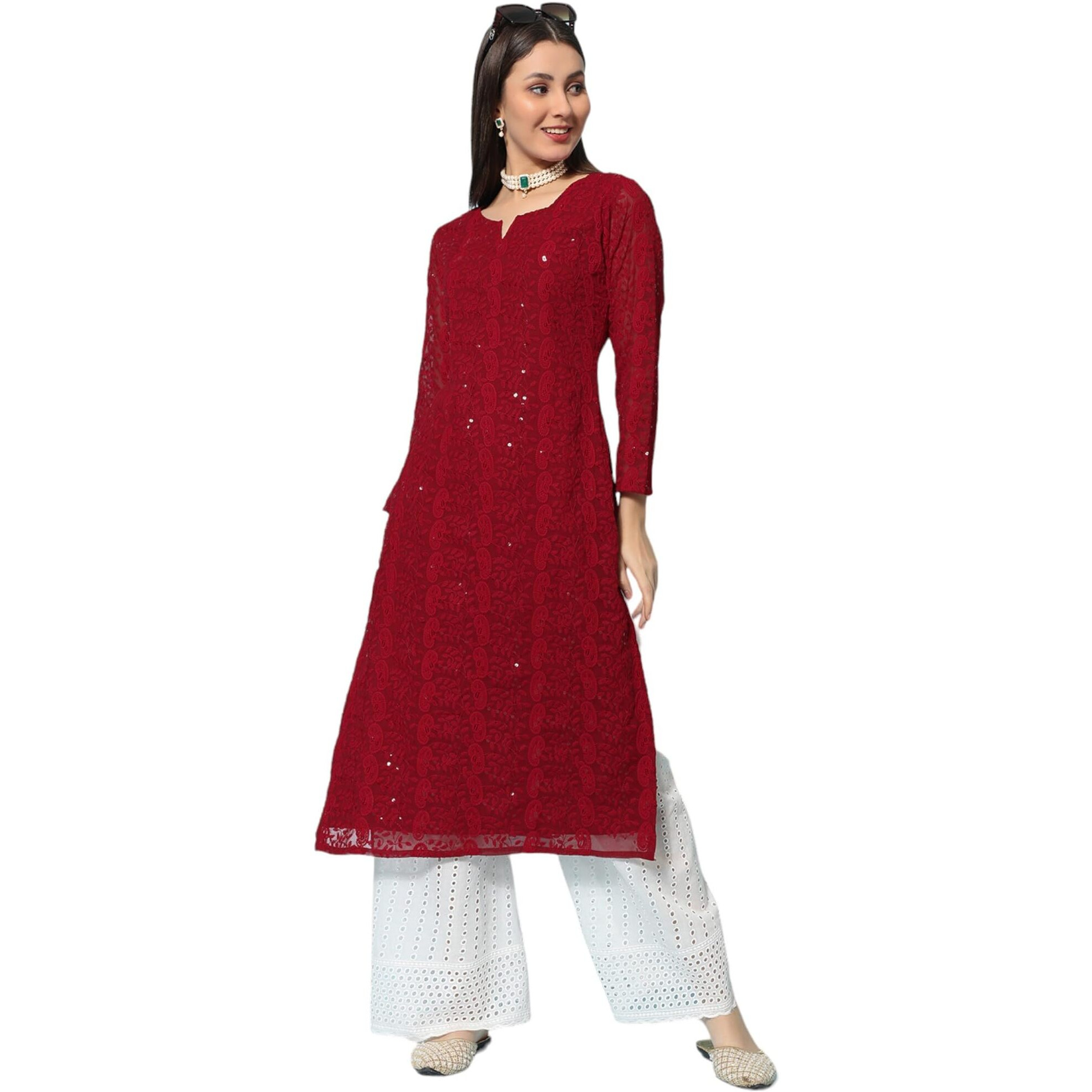 Gufrina Women's Georgette Straight Kurta Palazzo With Notch Neck 3/4Th Sleeves Solid Pattern Chikankari Work Calf Length And Regular Fit