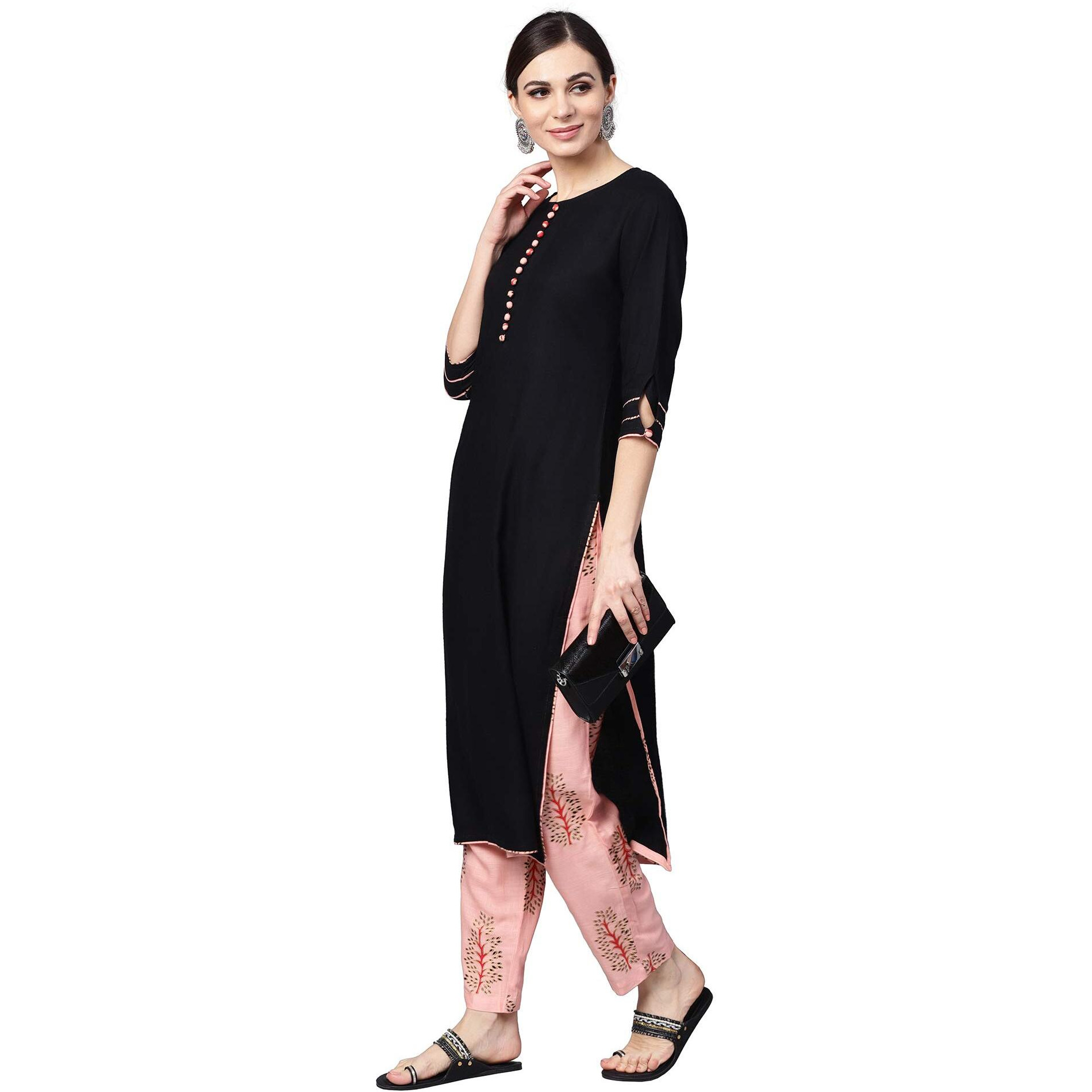 Idalia Black Rayon Kurta With Pink Printed Pants