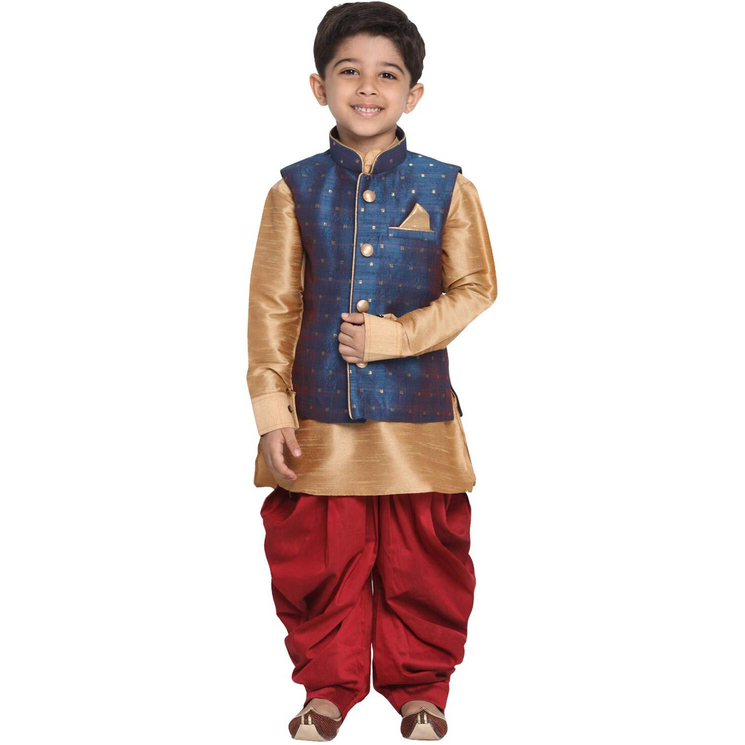 Jbn Creation Boys Silk Blend Rose Gold, Persian Blue And Maroon Kurta Pyjama Jacket Set - Ethnic Elegance For Festivals_Vasnbj009Bunbuk001Rgncdma_18