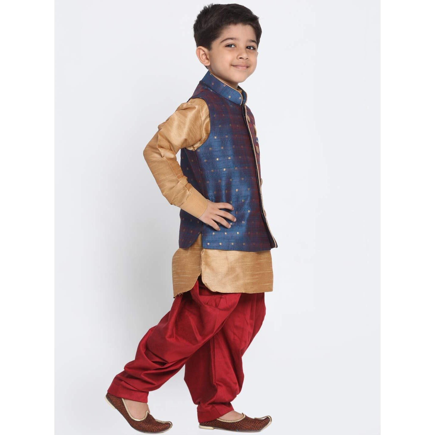 Jbn Creation Boys Silk Blend Rose Gold, Persian Blue And Maroon Kurta Pyjama Jacket Set - Ethnic Elegance For Festivals_Vasnbj009Bunbuk001Rgncdma_18