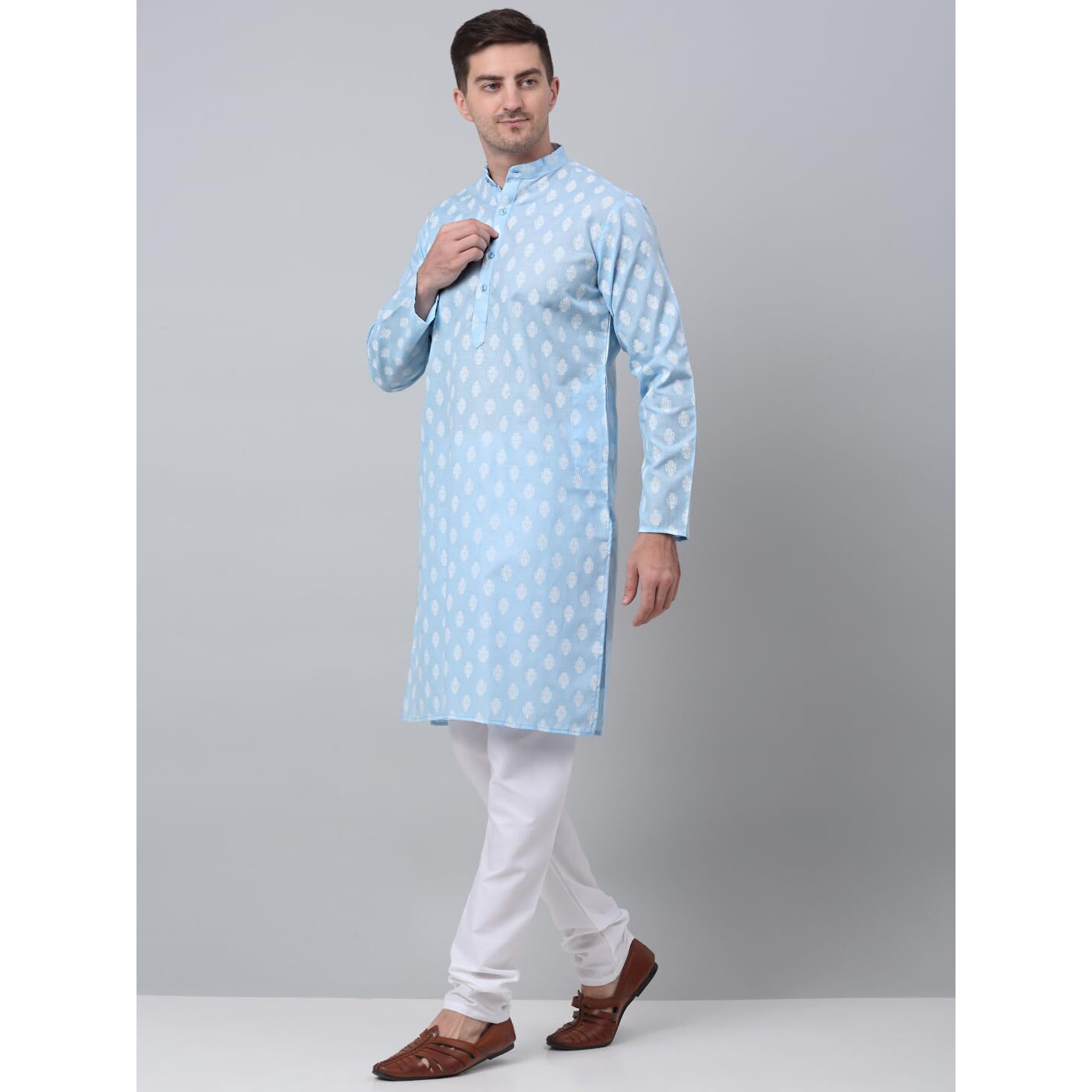 Jompers Men's Cotton Floral Printed Kurta Pyjama Set. (Sky, Xxl)