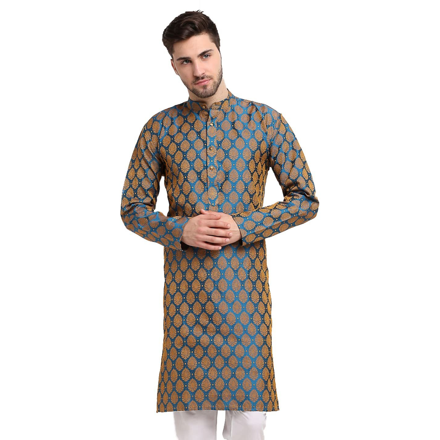 Jompers Men Green Jacquard Woven Design Kurtas. (Blue, S)