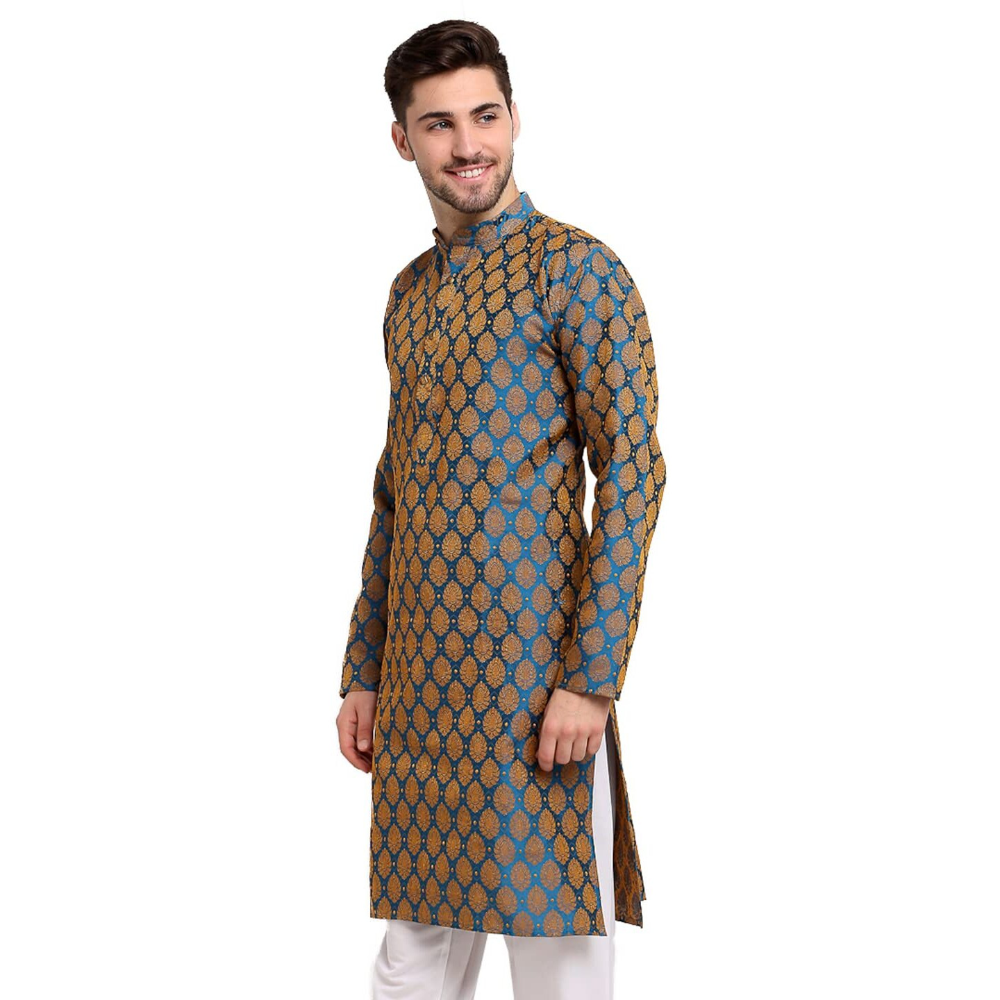 Jompers Men Green Jacquard Woven Design Kurtas. (Blue, S)
