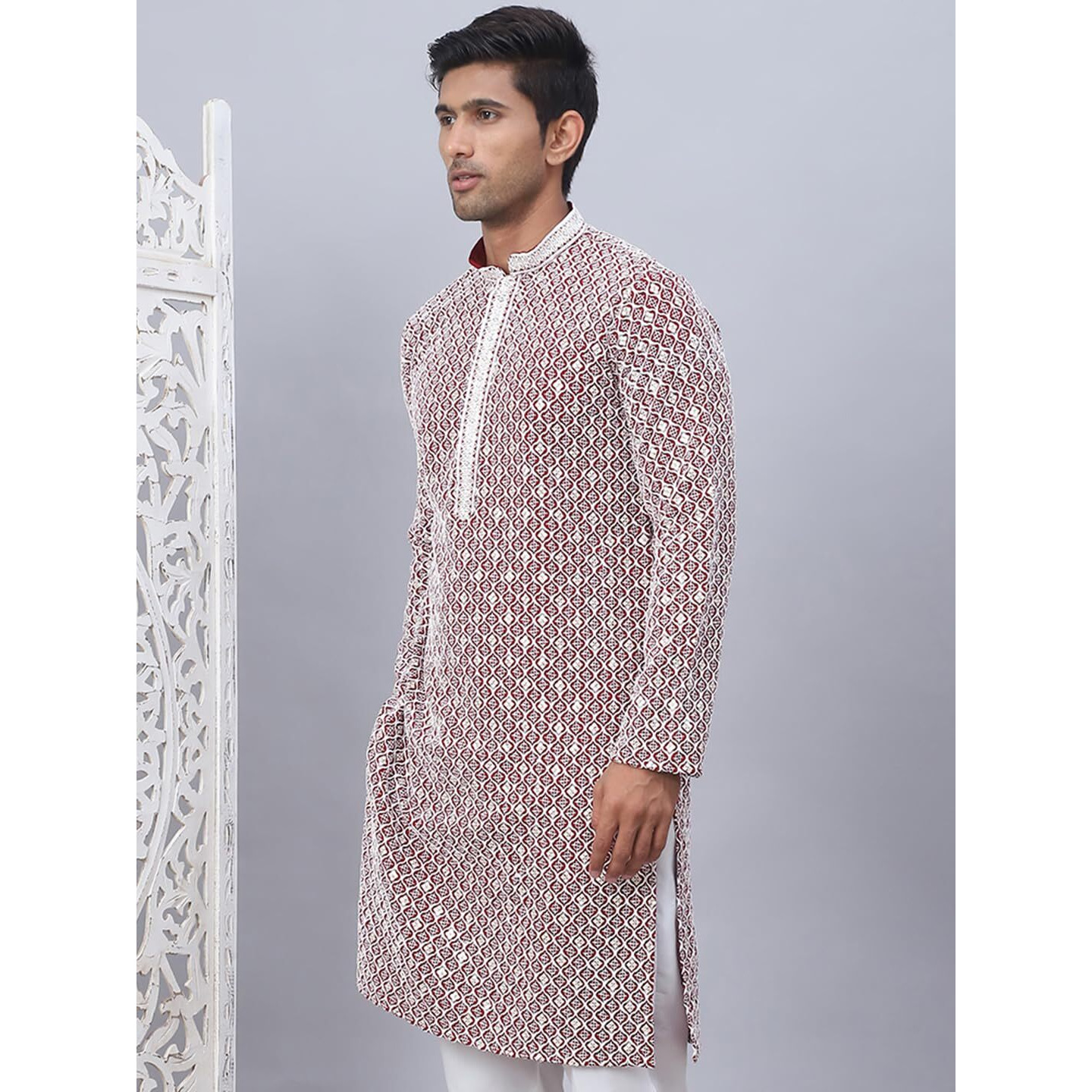 Jompers Maroon Men's Chikankari Embroidered And Sequence Kurtas (Maroon, M)