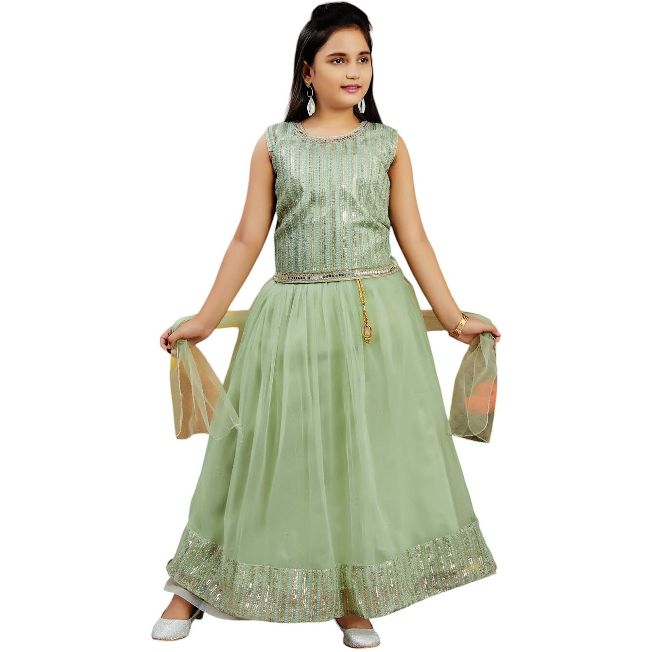 Aarika Girls Ethnic Wear Green Colour Sequin Embroidery Net Lehenga Choli Set (4-10 Years)