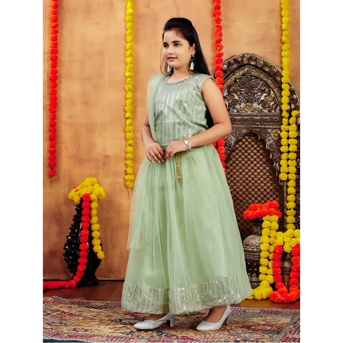 Aarika Girls Ethnic Wear Green Colour Sequin Embroidery Net Lehenga Choli Set (4-10 Years)