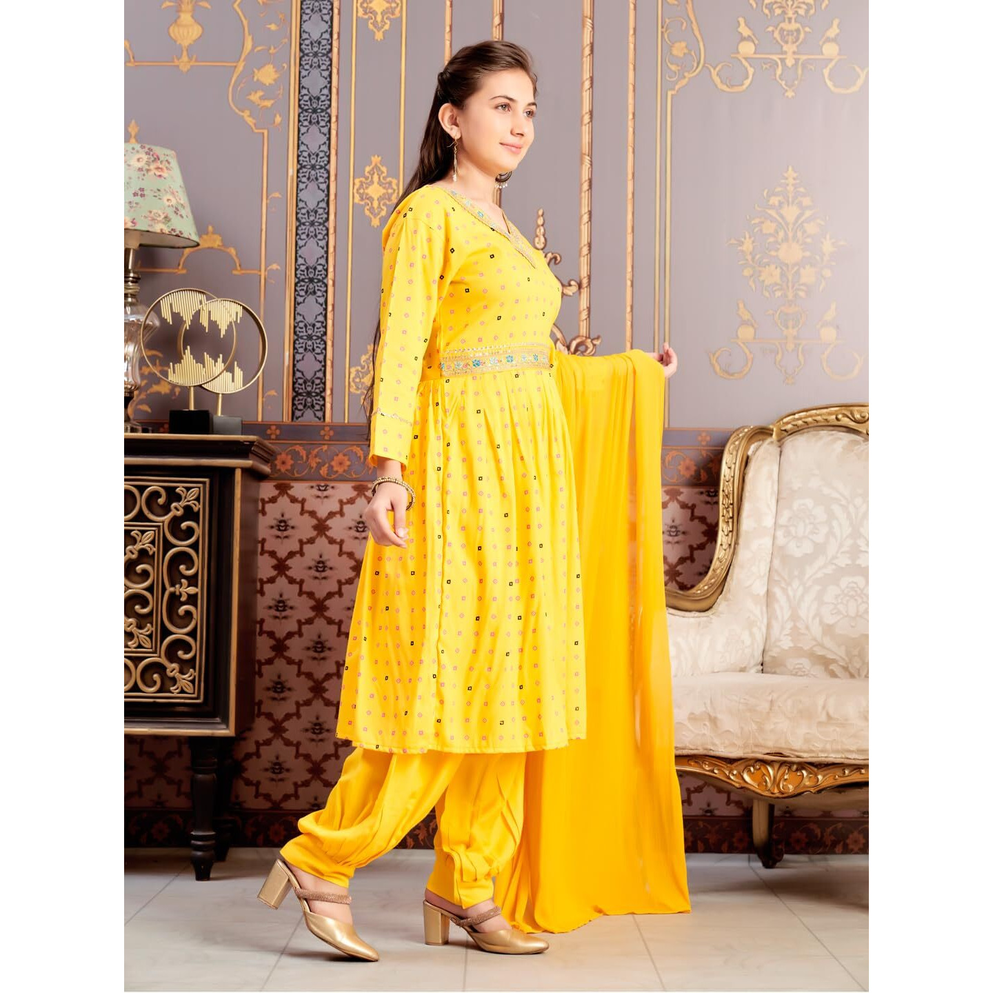 Aarika Girls Ethnic Wear Yellow Colour Foil Print Embroidery Rayon Kurti-8-15 Years (Kurti-Tr-K-1023)